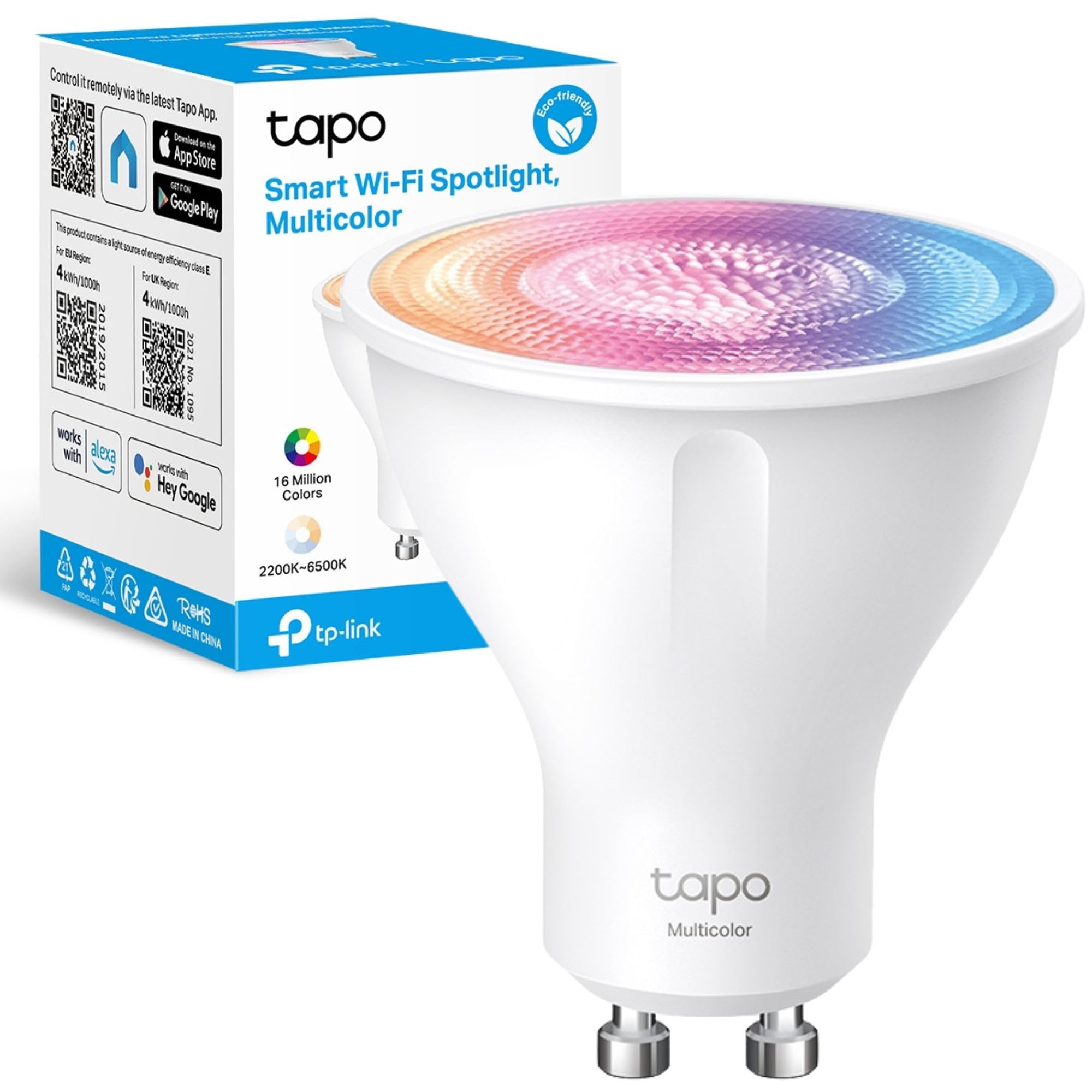 TapoSmart GU10 Led Bulbs, Wi-Fi Multicolour LED Spotlight Bulbs, Dimmable,White Tunable,RGB, Remote Control,Energy Saving, Works with Alexa & Google Home, No hub required (Tapo L630) [Energy Class E]