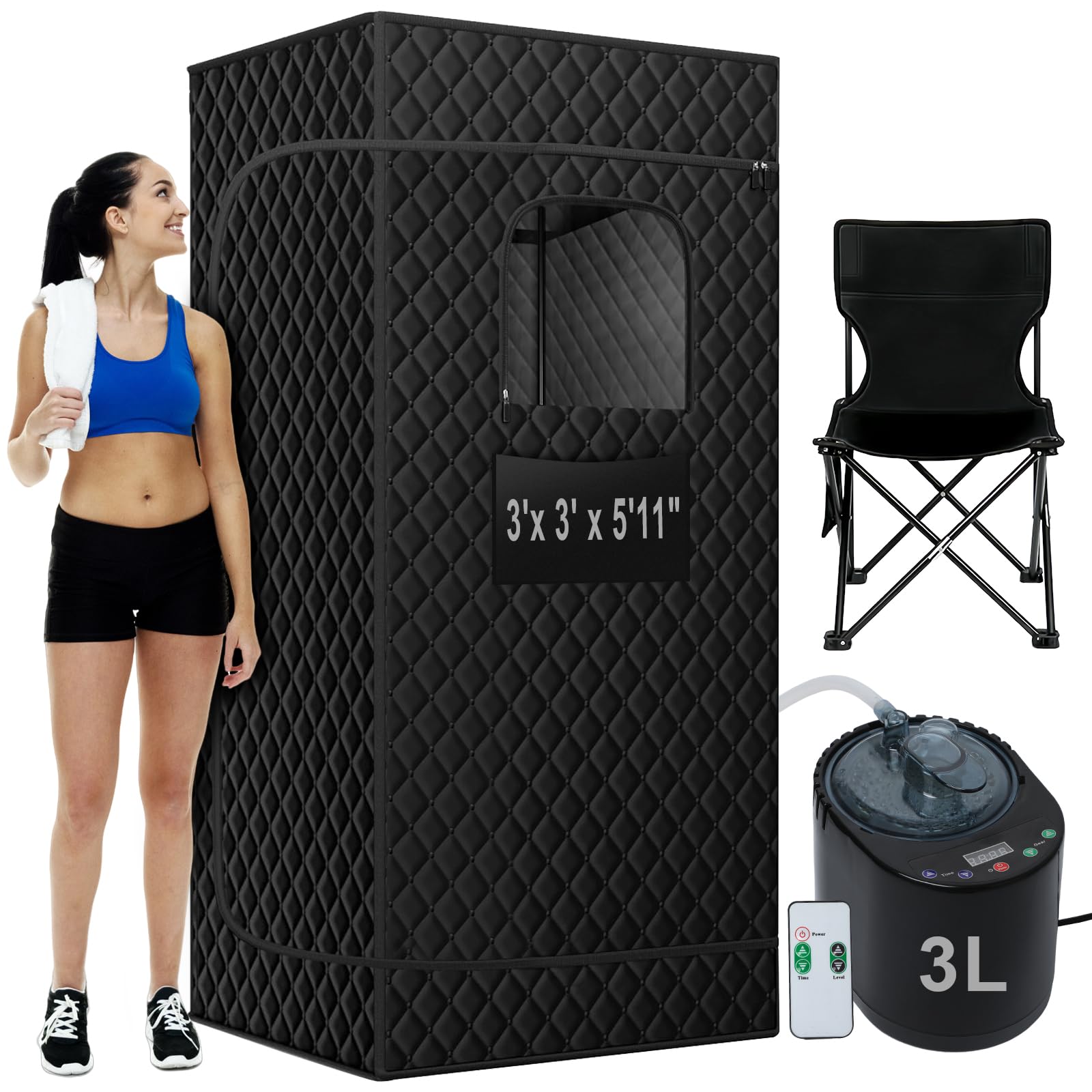 Portable Steam Sauna，3'x 3' x 5'11" Full Body Sauna Box for Home, Sauna Tent Sauna Box with 3L 1500W Steamer, 9 Levels, 99 Minute Timer with Remote Control, Foldable Chair with Side Pocket