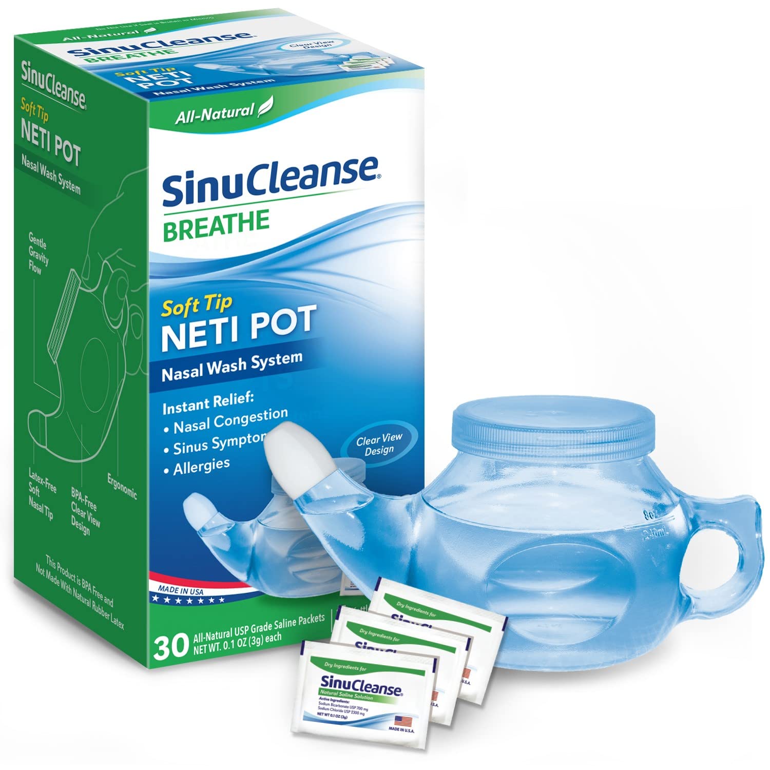 SinuCleanse Soft Tip Neti Pot Nasal Wash System, Relieves Nasal Congestion Due to Cold & Flu, Dry Air, Allergies, 30 All-Natural Saline Packets, Made in USA