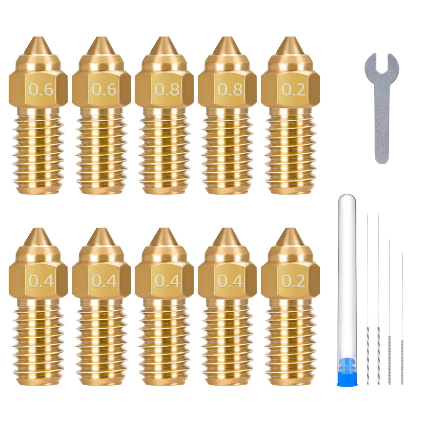 ELEGOO 10pcs Multi Size Nozzles for Neptune 4 and Neptune 4 Pro 3D Printer, Brass Hotend Nozzles 0.2/0.4/0.6/0.8mm with Cleaning Kits