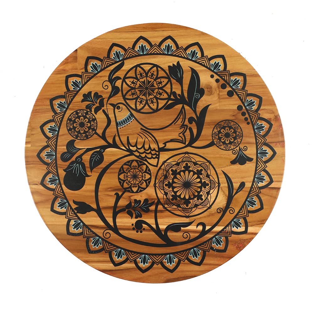 bambaise Teak Wood Solid Round Lazy Susan Bird On A Mandala Design Table Organizer with Rotating Top (Pack of 1)