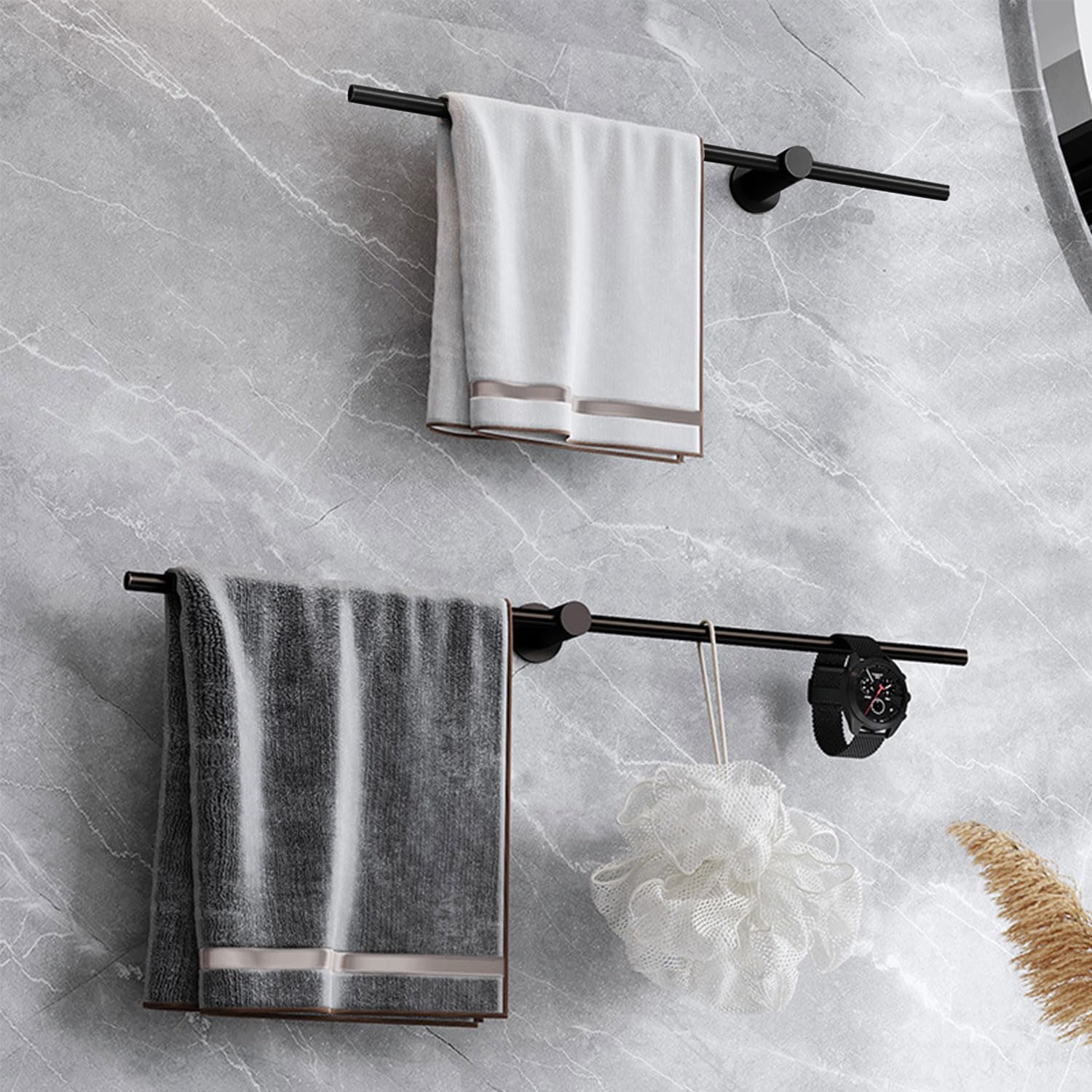 Towel Rail 40CM Bathroom Towel Rail wall Mounted, adiustable Stainless steel Towel Rack No Drilling Required Holder Towel Bar Bail Rack for balcony、bathroom & kitchen roll holder black