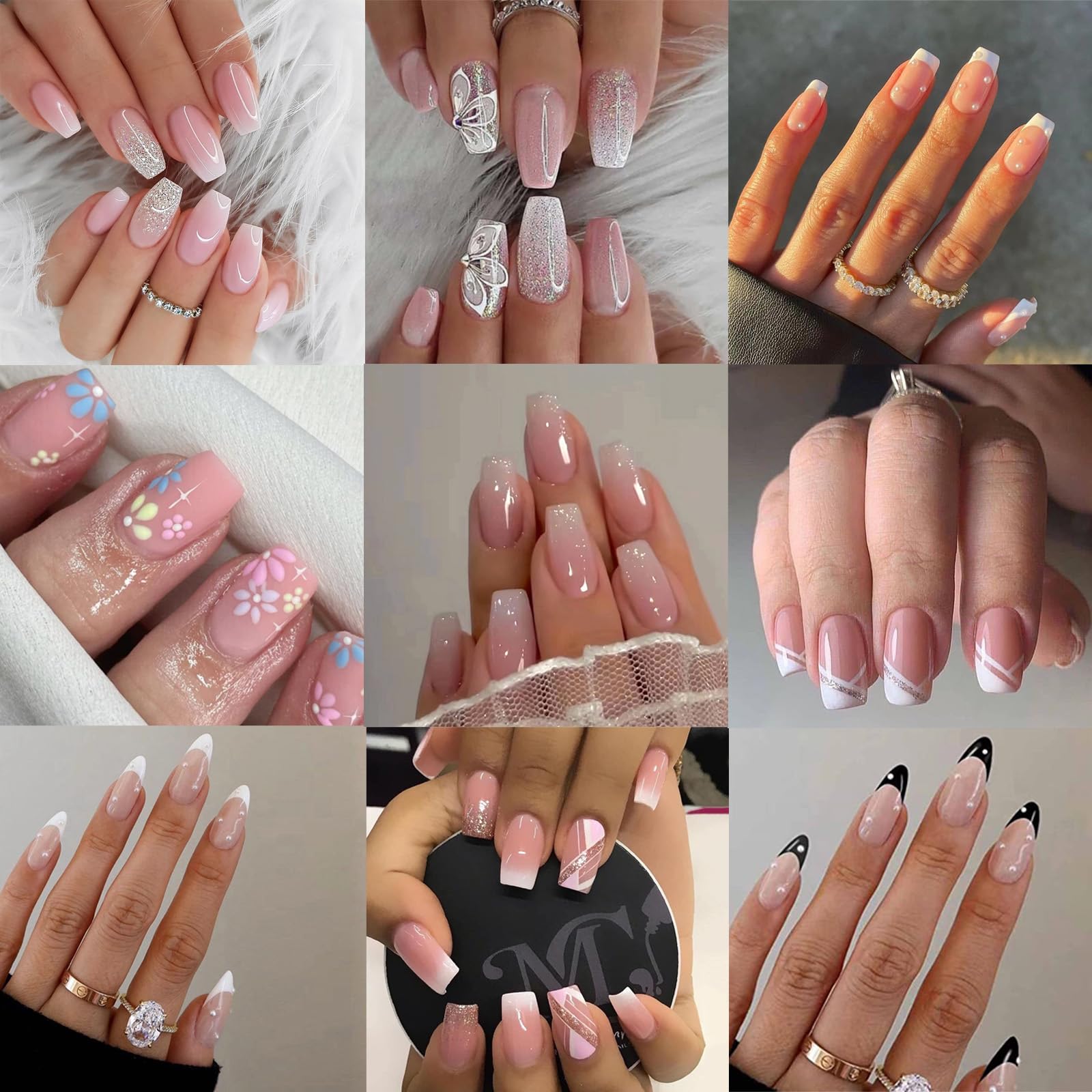 9 Packs (216 Pcs) Press on Nails, Jsiallye Pink Gradient Press on Nails Square Coffin, Pearl French Press on Nails Almond, Glue on Nails for Girl Nail Art, 12 Size of Fake Nails - 9 Styles Nail Kits