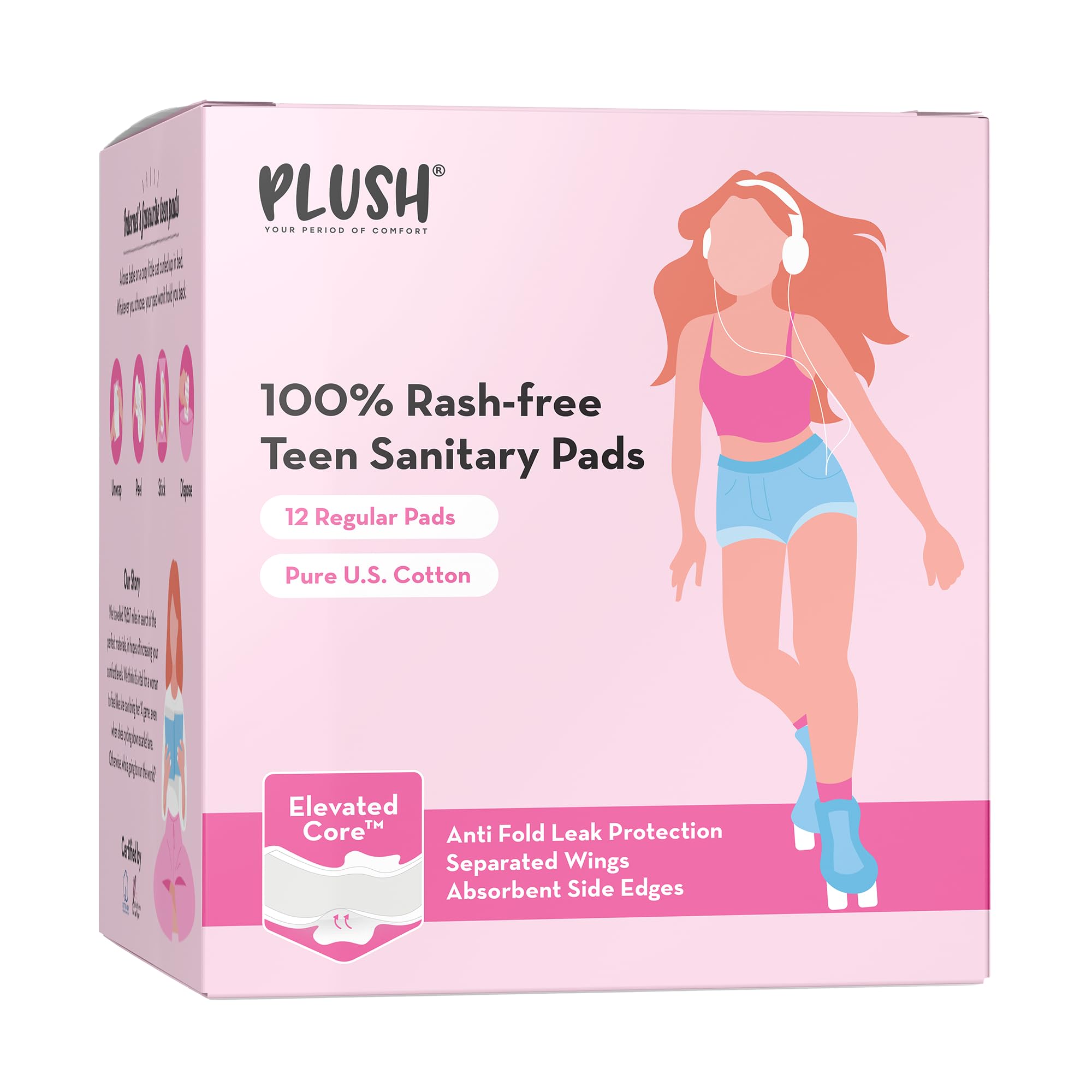 Plush Ultra-Thin Teen Sanitary Pads for Teenage Girls, 12 Pads | Elevated Core™ Technology | Anti-Fold Leak Protection | 240mm Long | 100% Rash-Free | Pure U.S. Cotton Pads | Ideal for All Flow Types