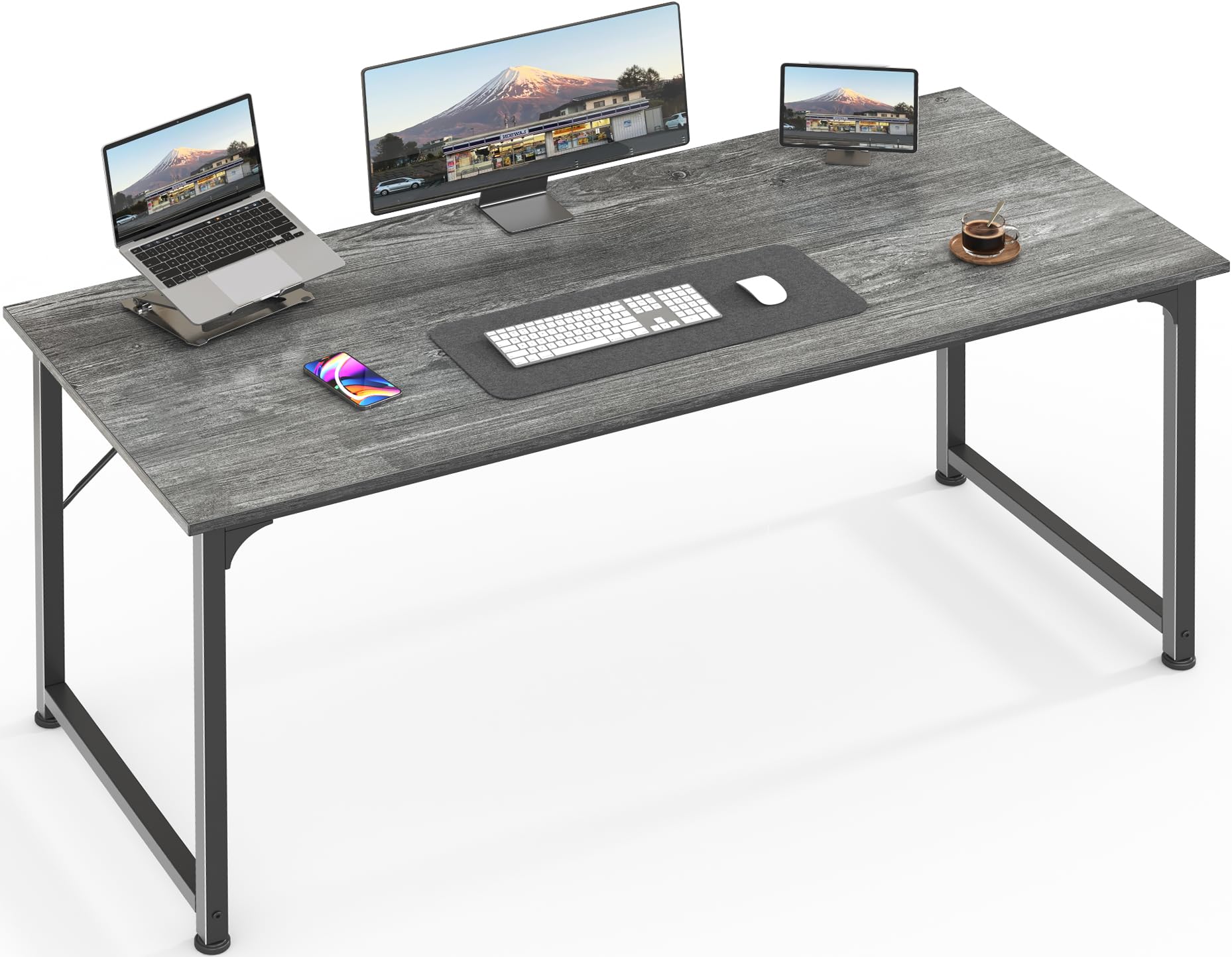 Huuger Computer Desk, 55 Inch Office Desk, Gaming Desk with Storage, Writing Desk Work Desk for Home Office, Study, Modern Simple Desk, Large Legroom, Metal Frame, Grey