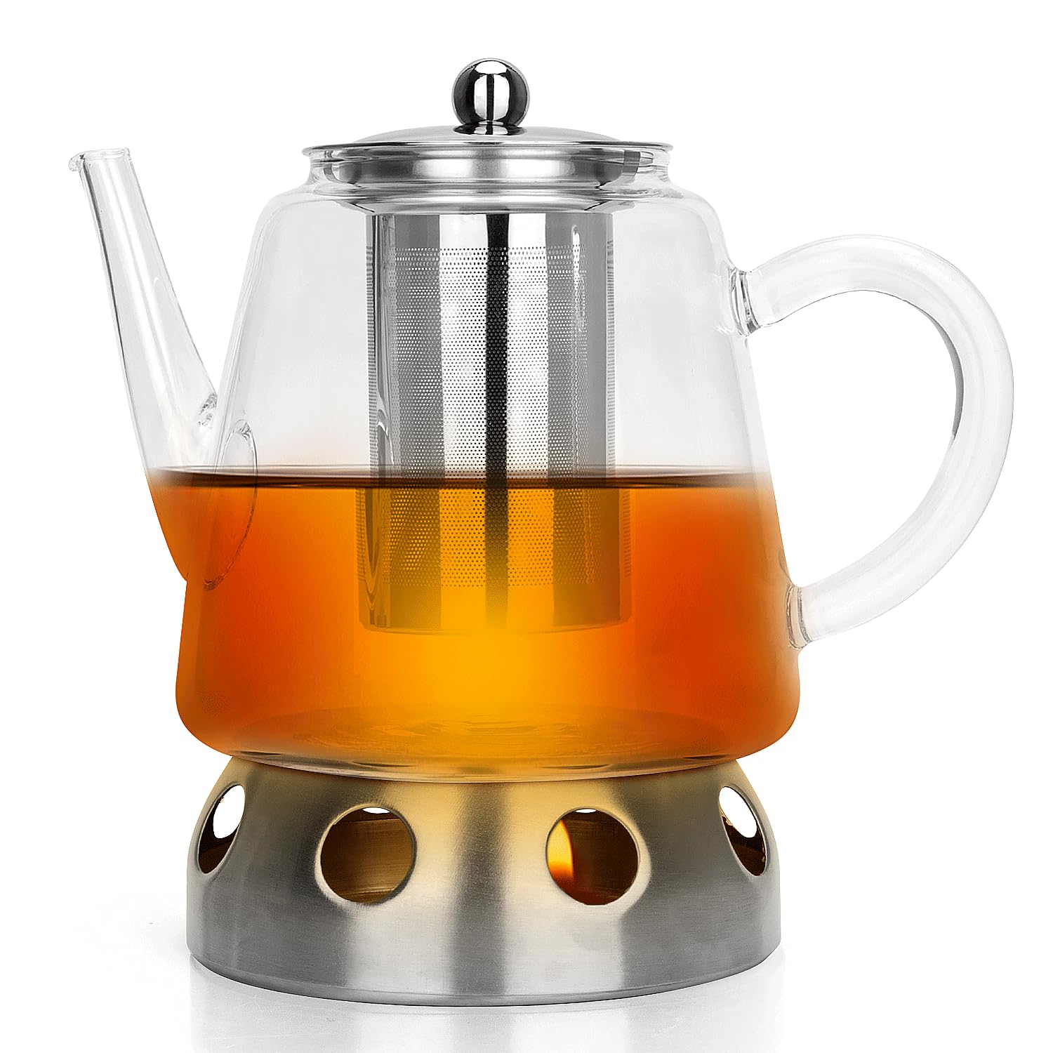 TELANKS Glass Teapot 1.2 Litres, Glass Teapot with Stainless Steel Warmer and Removable Stainless Steel Strainer Insert, Glass Teapot for Loose Tea and Tea Bags