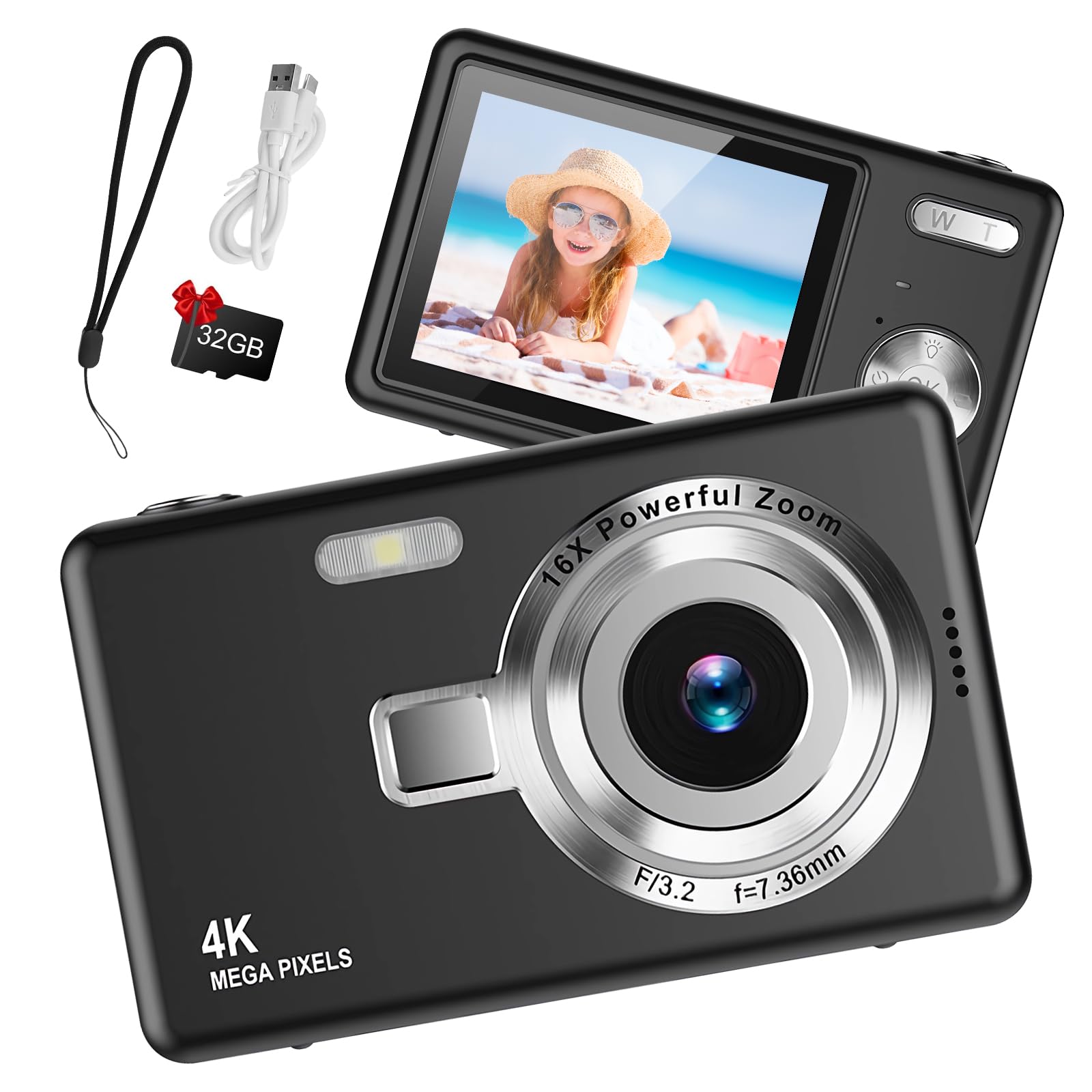 Digital Camera 1080P FHD Compact Camera 44MP Camera with 2.4" LCD Screen,16X Digital Zoom Simple Vlogging Camera Portable Digital Camera with 32gb SD Card for Kids Teen Students Beginner (Black)