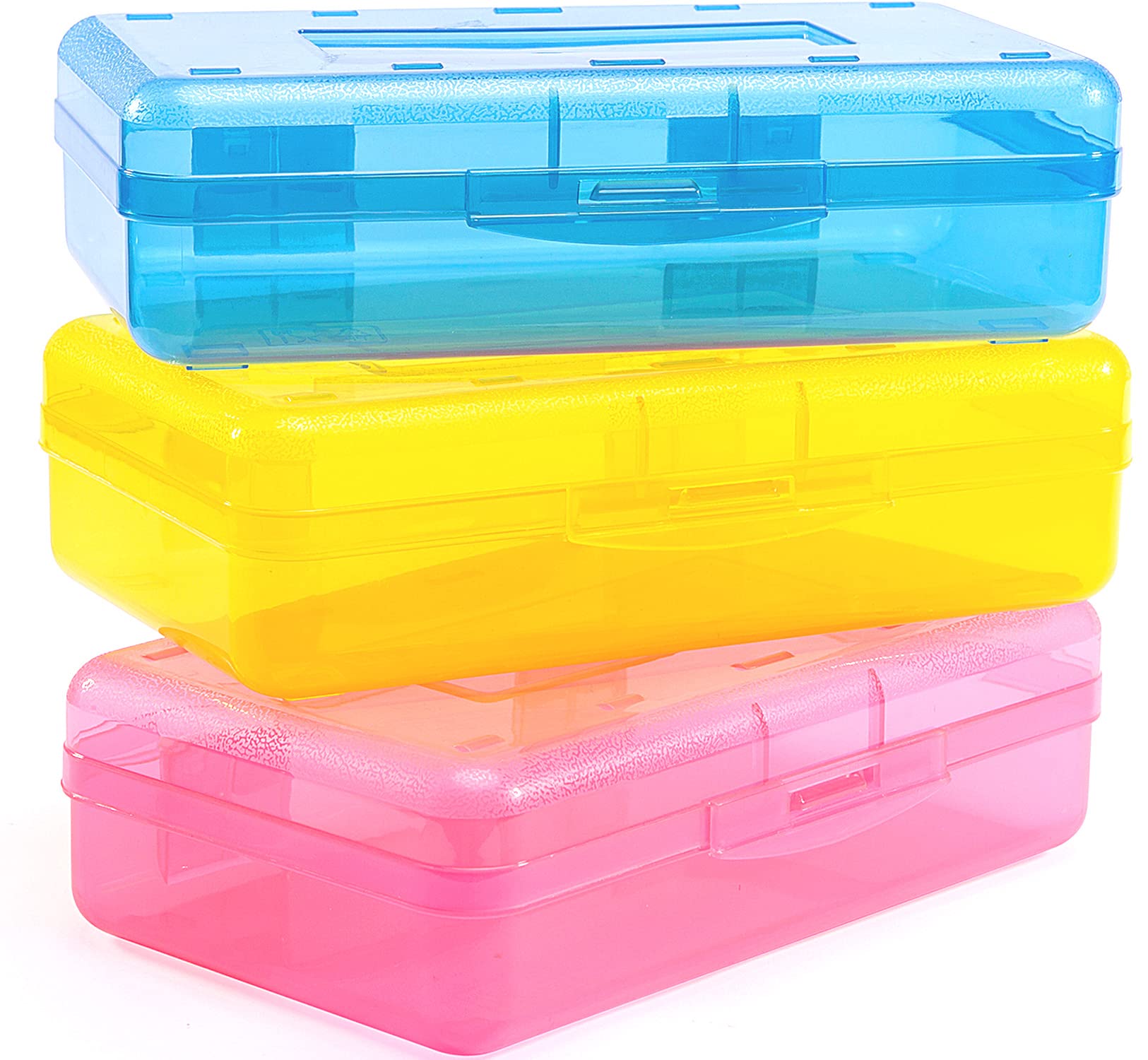 Sooez 3 Pack Large Capacity Hard Pencil Case, Plastic Crayon Pencil Boxes Bulk with Snap-tight Lid, Clear Storage Box Craft Pen Art Marker Organizer Stackable for Kids Boys School