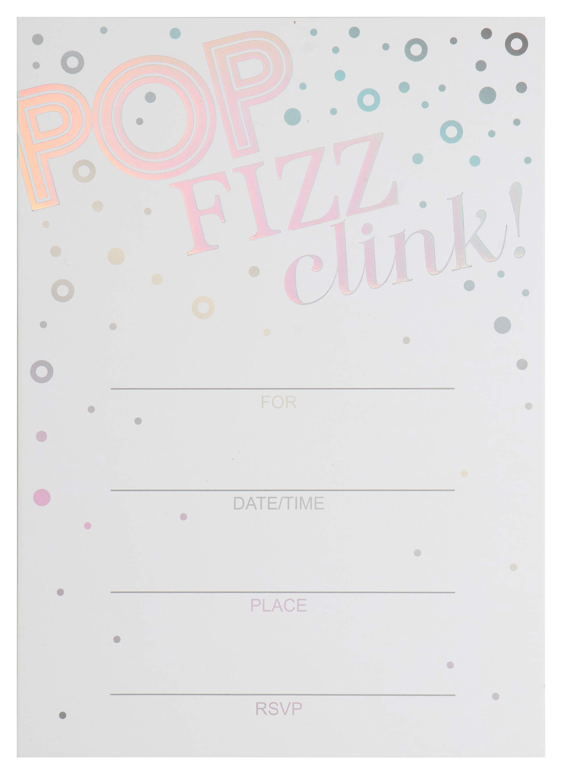 Fill-In Invitation Cards - 36-Pack Silver Holographic Foil Invites with Envelopes, Pop Fizz Clink Print, Birthday, Cocktail, Wine Party, Bachelorette Party Supplies, 5 x 7 Inches