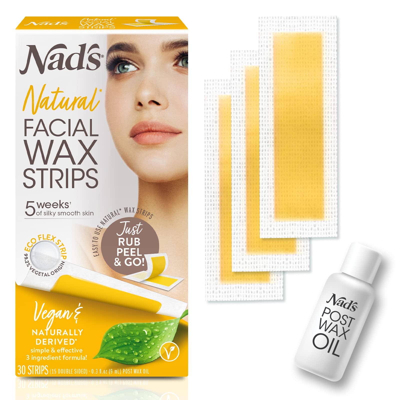 Nad'sFacial Wax Strips - Natural All Skin Types - Waxing Kit With 30 Face Wax Strips & Post Wax Oil, 1 Count