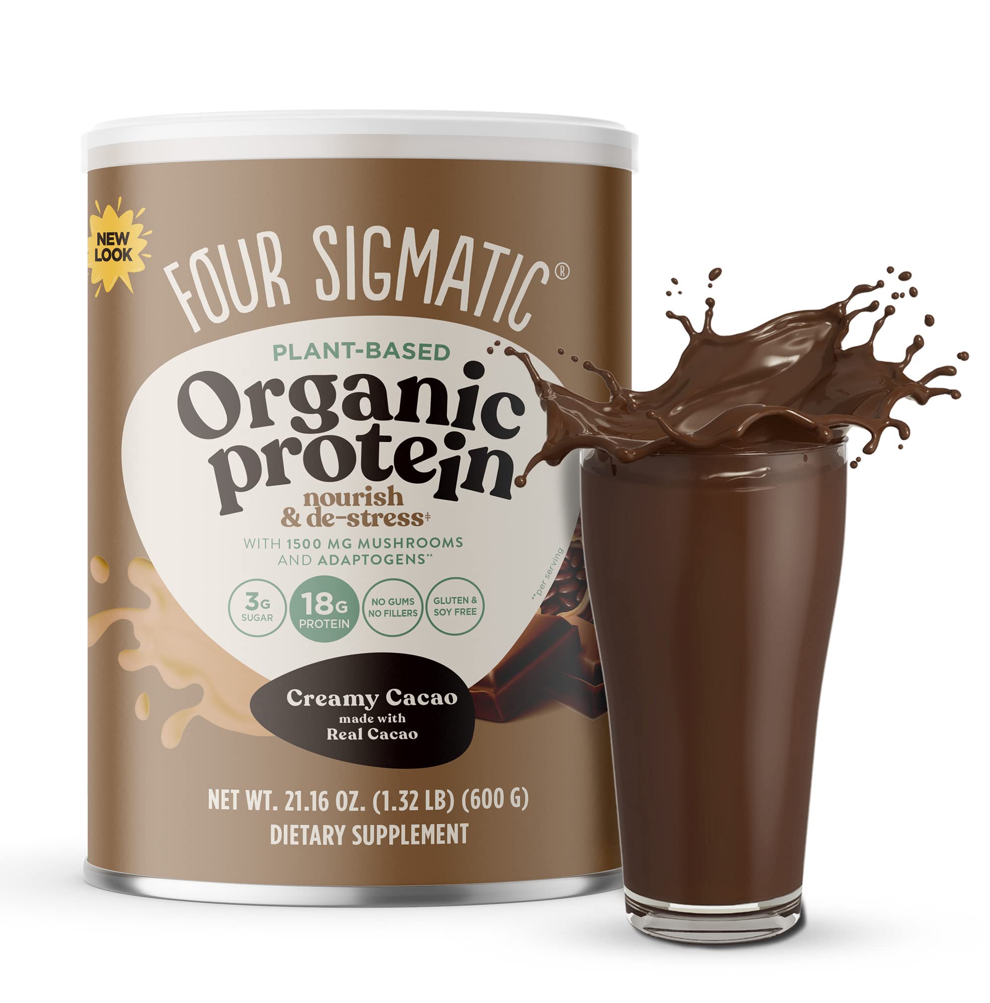 Four SigmaticFour Sigmatic Organic Plant-Based Protein Powder Creamy Cacao Protein with Lion’s Mane, Chaga, Cordyceps and More | Clean Vegan Protein Elevated for Brain Function and Immune Support | 21.16 oz