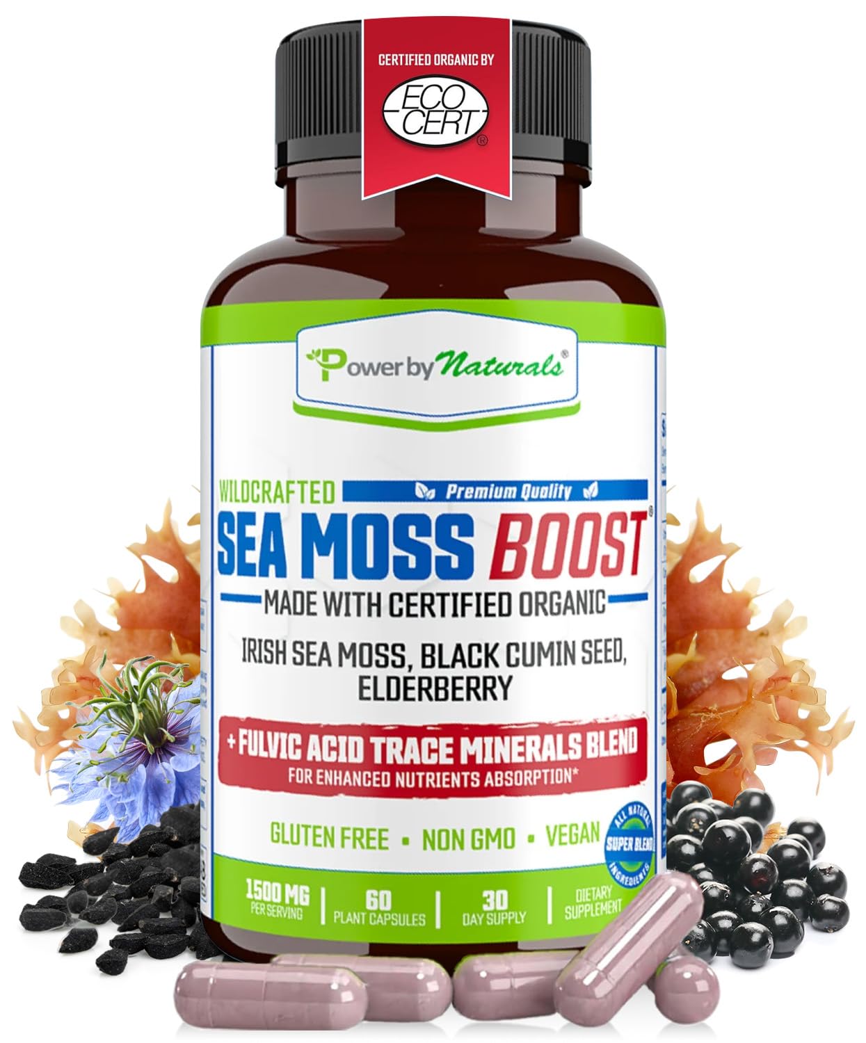 Power By NaturalsSea Moss Advanced with Black Seed Oil & Elderberry Capsules - Certified Organic Irish Sea Moss Capsules for Energy, Gut & Immune Support - Sea Moss Pills with (60+ Minerals) 60 Pills