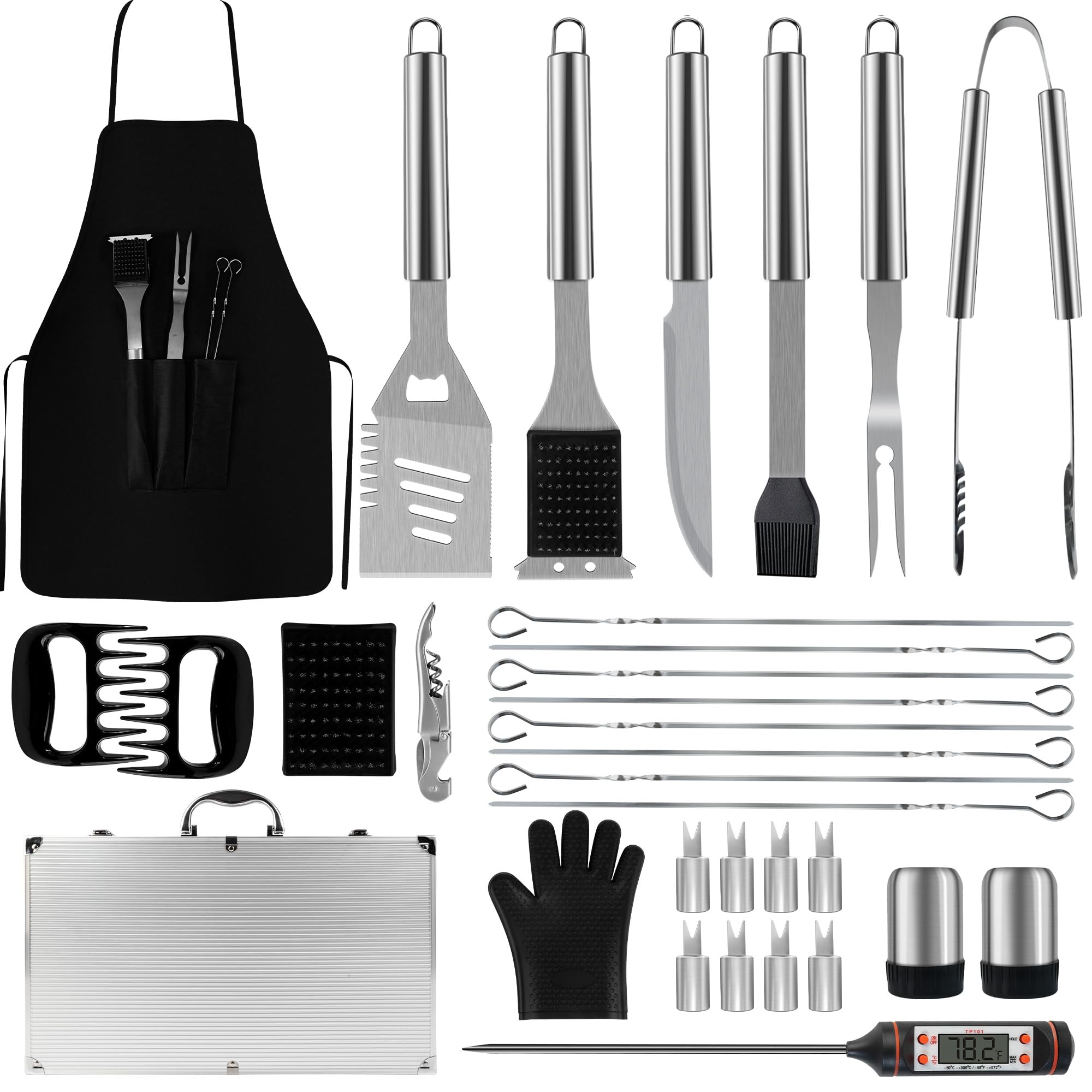 Camping BBQ Tool Set - Heavy Duty Stainless Steel Grilling Accessories with Aluminum Storage Case, for Dad Men Women, Ideal for Outdoor Cooking Backyard Grilling, 32Pcs