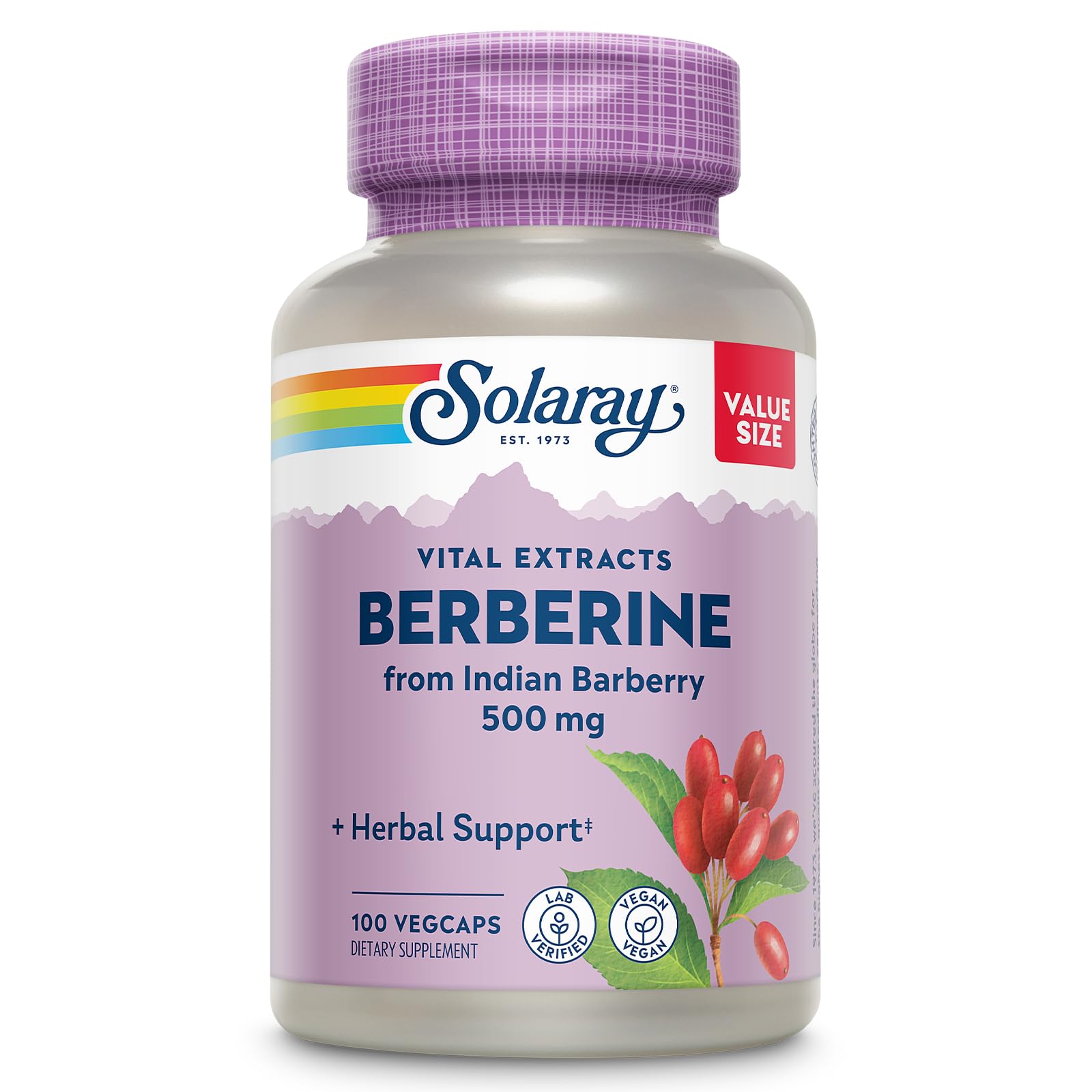 SOLARAYBerberine 500mg - Berberine Supplement for a Healthy, Active Lifestyle - with Berberine HCl from Indian Barberry - Vegan, Non-GMO, 60-Day Guarantee, Lab Verified - 100 Servings, 100 VegCaps