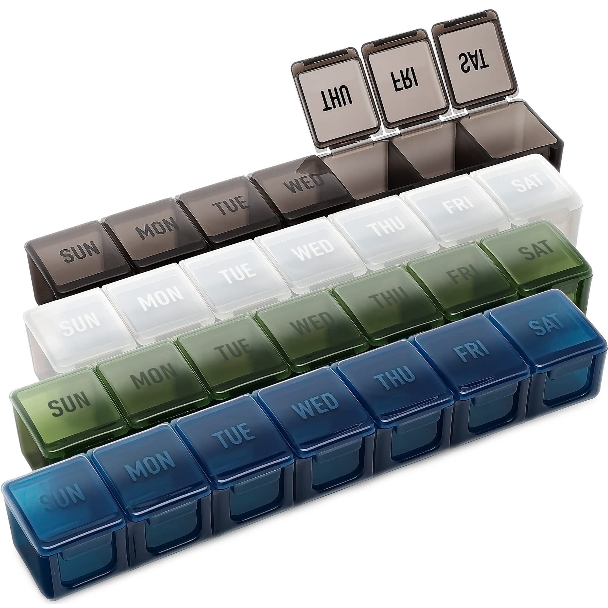 Hydra Cup [4 Pack] Weekly Pill Organizer & Vitamin Planner, Large Mobile Medicine Box Value Pack, Unique Colors for Daily or Monthly Use, 7 Compartments.