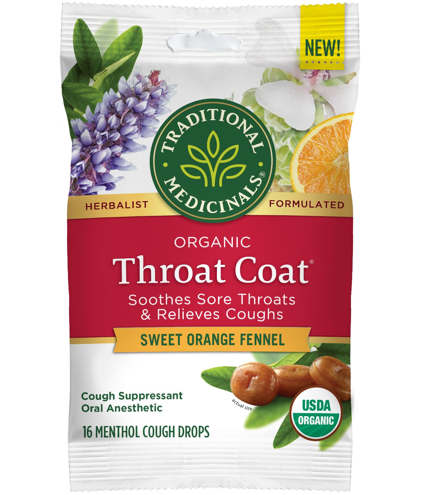 Traditional Medicinals Throat Coat Organic Cough Drops, Sweet Orange Fennel with Menthol, Soothes Sore Throats & Relieves Coughs, 16 Count (Pack of 1)