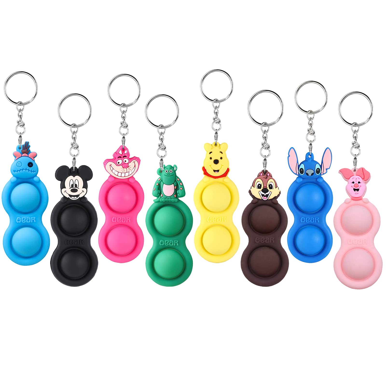 Simple Dimple Fidget Popper Keychain - 8 Pack Cool Cartoon Mini Push it Pop Small Cute Toy as Gift for Kids Valentine's Day Gift