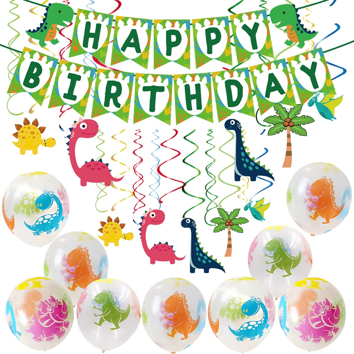 Kreatwow Dinosaur Birthday Decoration for Boys Girls Dinosaur Balloon Dinosaur Happy Birthday Banner Dinosaur Hanging Swirls Decor Dino Party Decoration for 1st 2nd 3rd 4th Cartoon Dino Theme Birthday