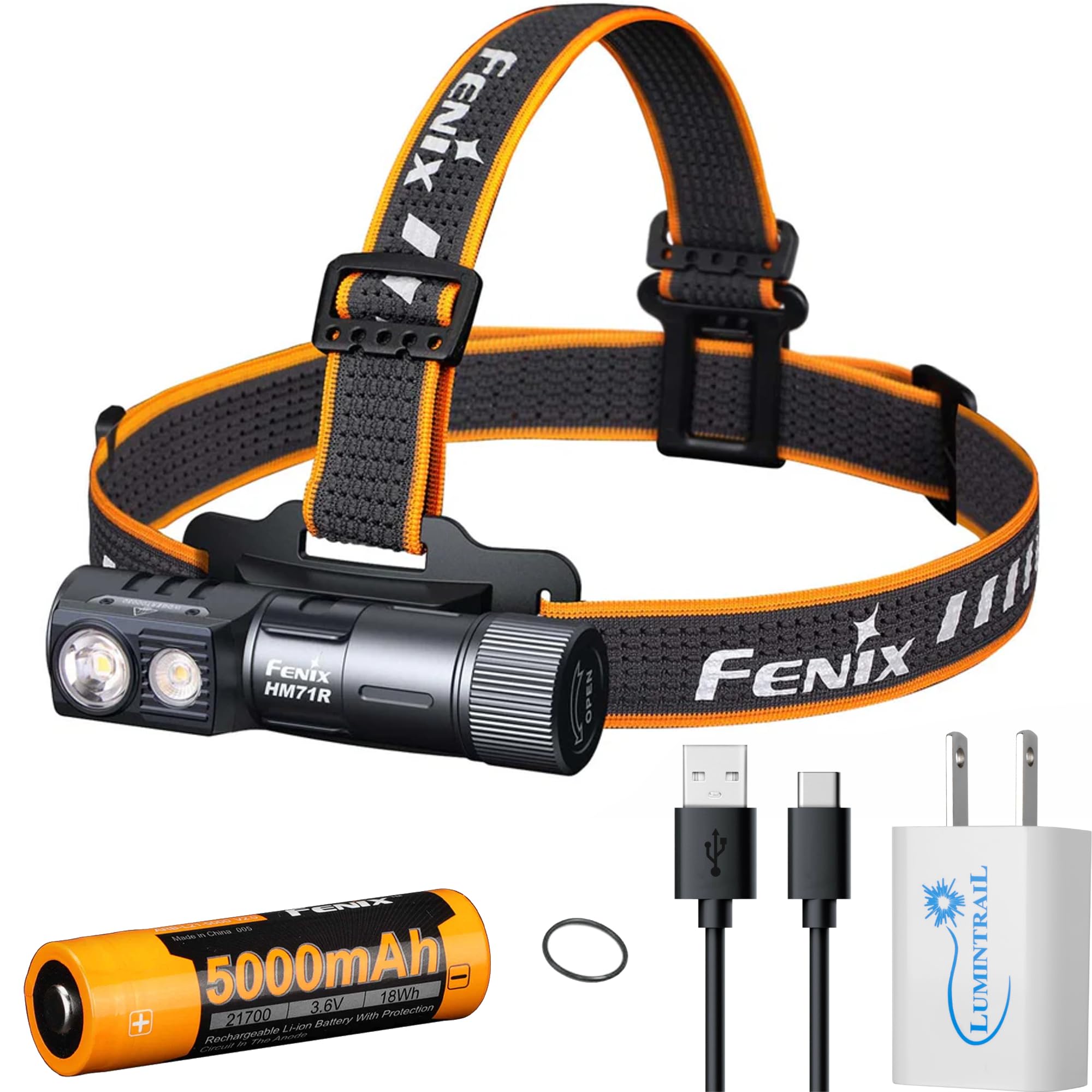 FenixHM71R 2700 Lumens Headlamp, Rechargeable Spot Light, Flood Light, L-Shape 90 Degree Right Angle Flashlight Industrial Grade with a USB Wall Plug