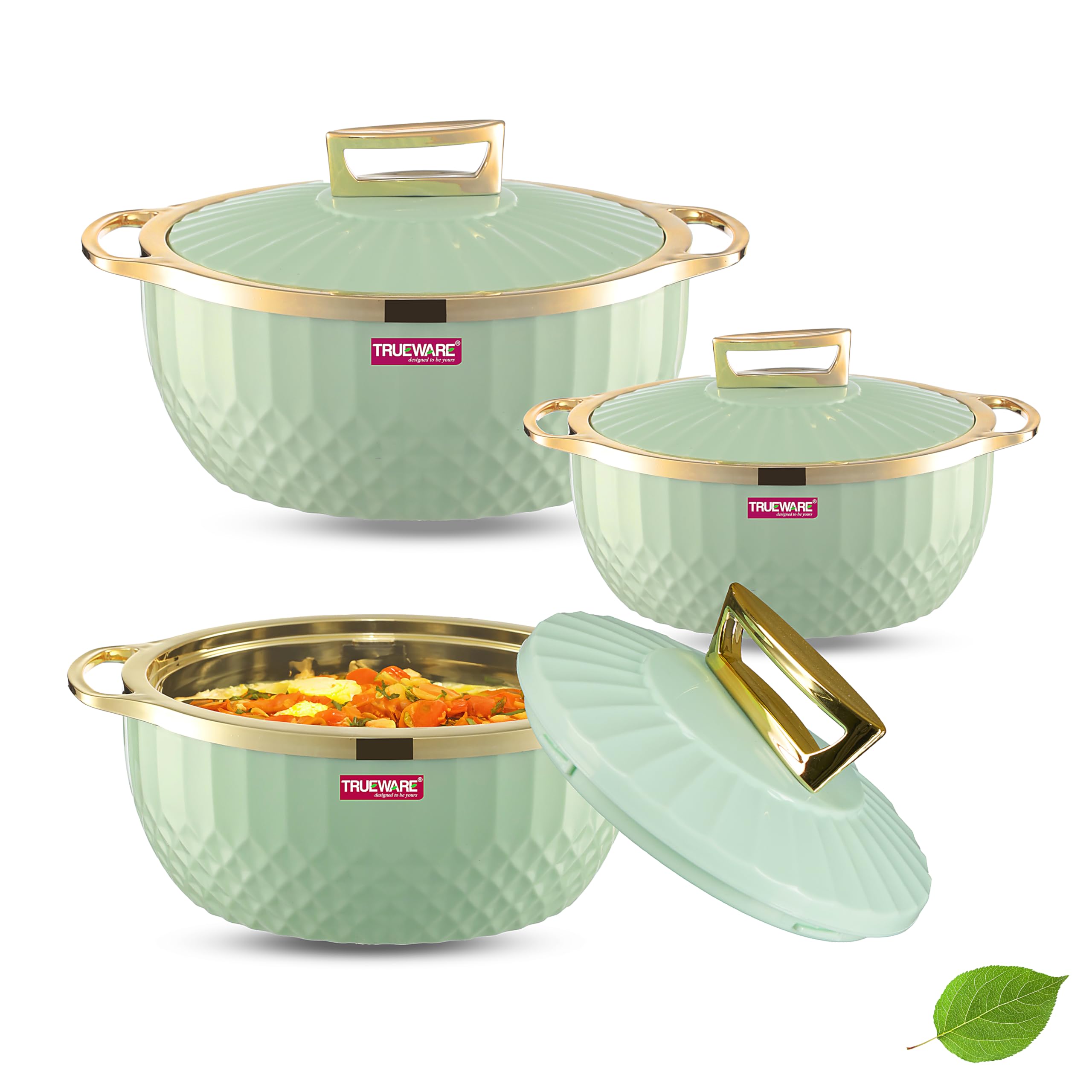 Trueware Krystal Inner Steel Casserole Set of 3, 750 ml,1000 ml & 1500 ml | PU Insulated | BPA Free | Odour Proof |Ideal for Chapatti | Roti | Curd Maker | Thermoware | Hot Pot (Extra Large, Green)