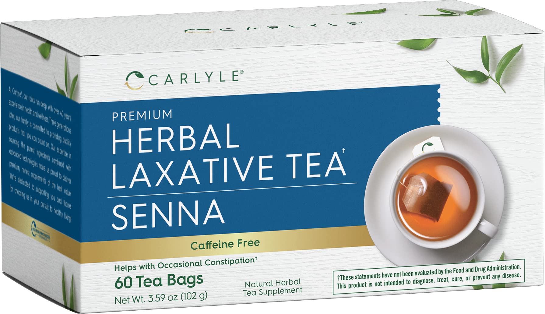 Carlyle Herbal Laxative Senna Leaf Tea | 60 Tea Bags | No Caffeine | Helps with Occasional Constipation | Vegetarian, Non-GMO & Gluten Free