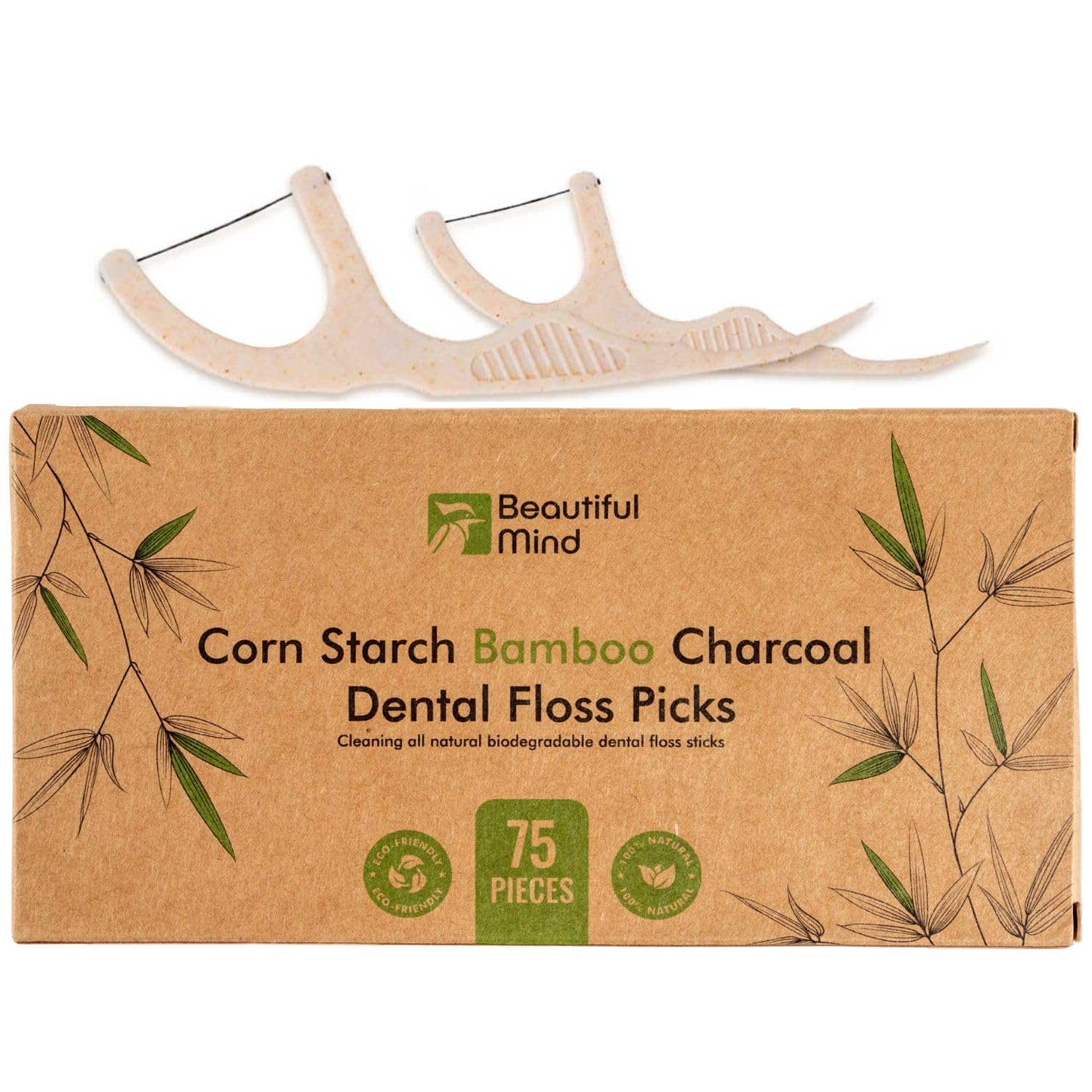 Organic Dental Floss Picks - Natural Biodegradable Floss Sticks with Strong Bamboo Charcoal Thread & Vegan Corn Starch Handle - No Plastics & No Artificial Flavours