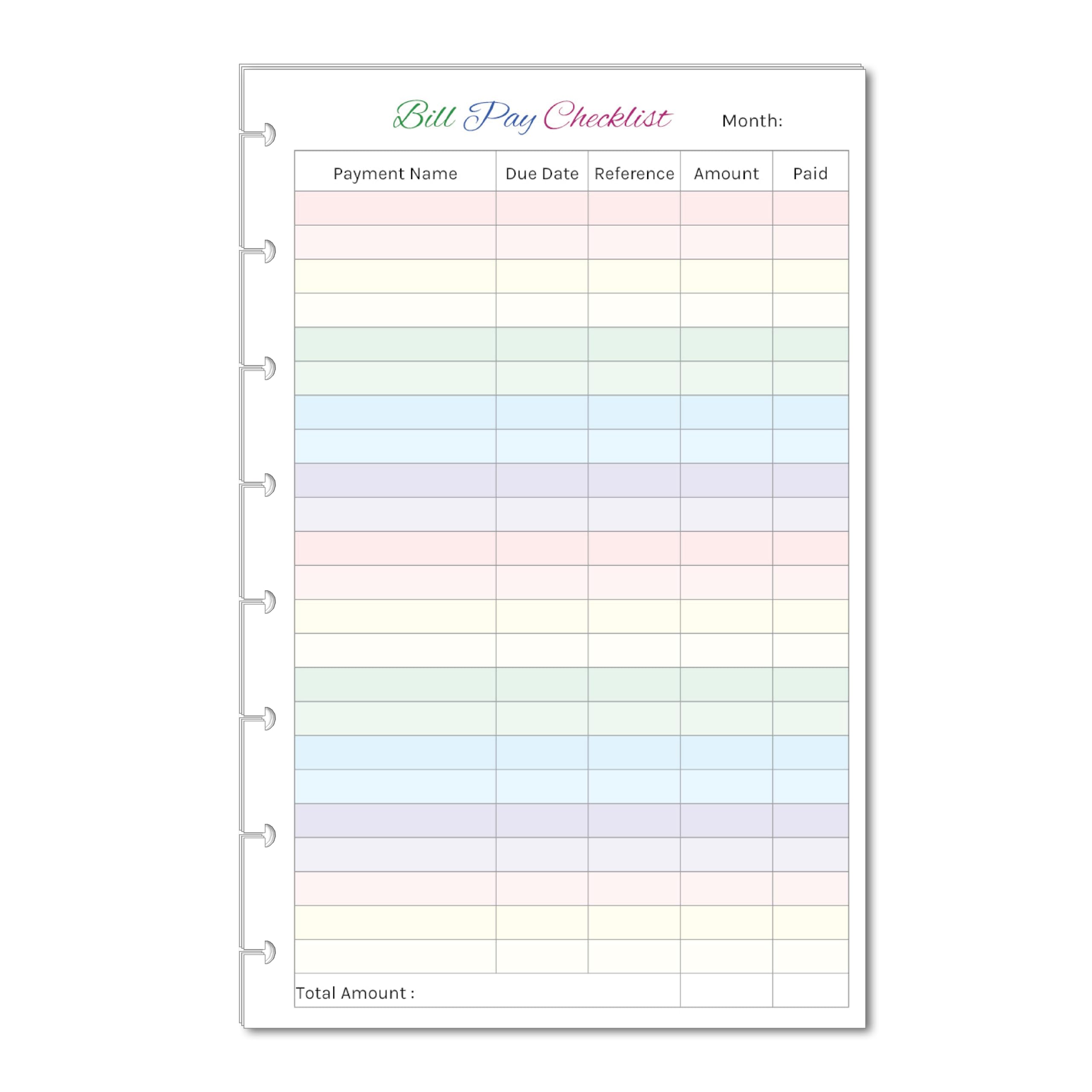 Colorful Bill Pay Checklist for 8 Disc Half Letter (Junior) Size Planners (5.5 x 8.5'') Budget Refills. Fits TUL Junior, Staples ARC Notebook Junior, Levenger Circa, NOTIQ Half-Letter 8-Disc