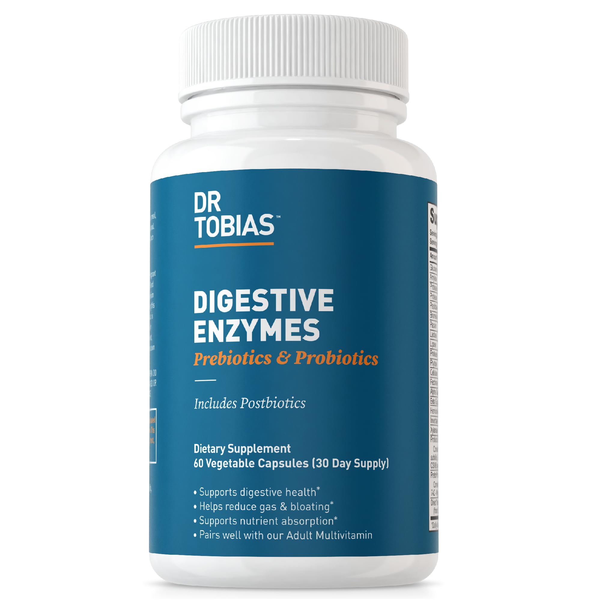 Dr. Tobias Digestive Enzymes with Probiotics, Prebiotics and Postbiotics Bromelain, Amylase, Lipase, for Better Digestion & Immune Function, 60 Capsules, 30 Servings (2 Daily)