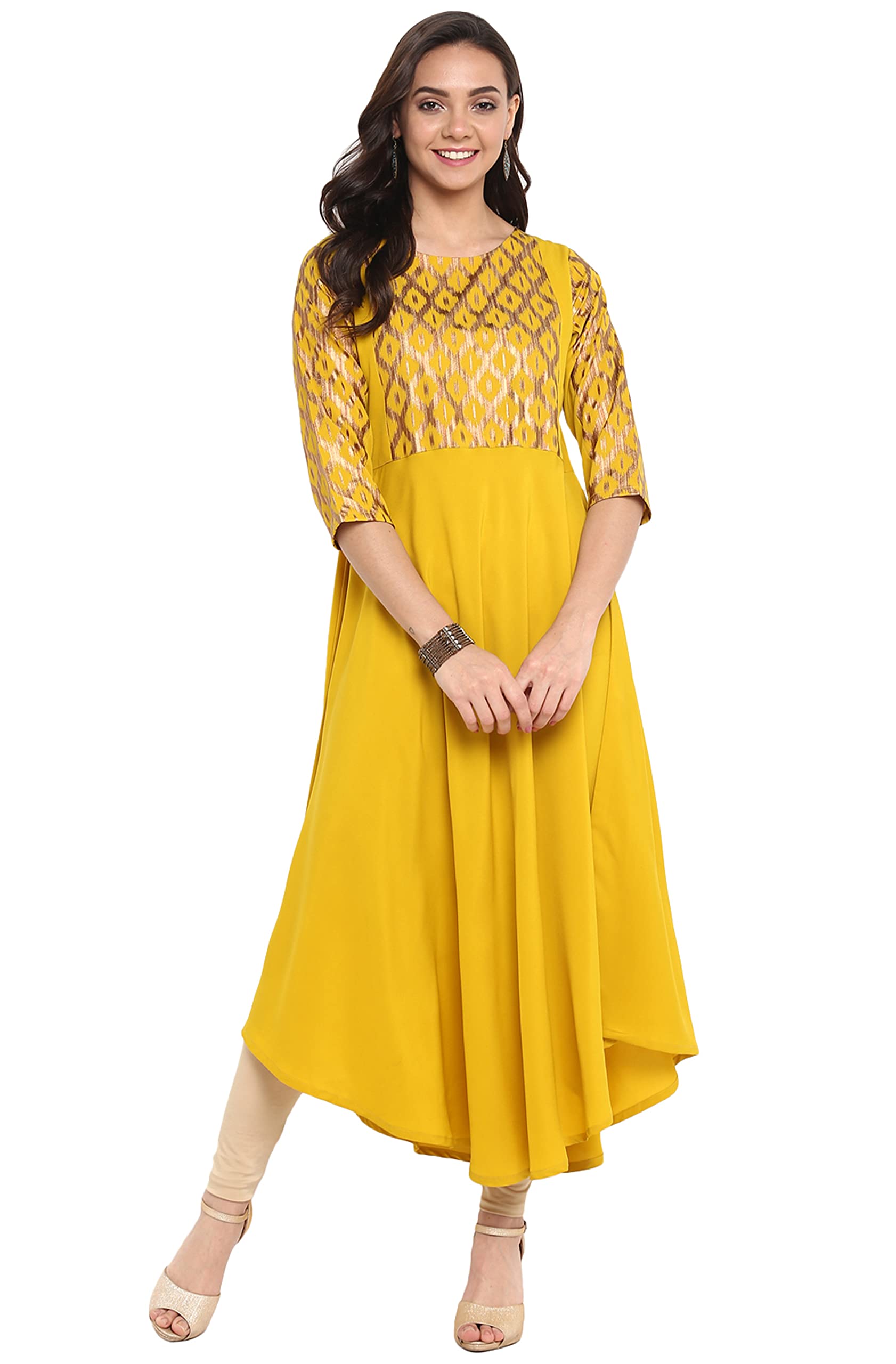 JanasyaWomen's Yellow Poly Crepe Gold Print Flared Kurta