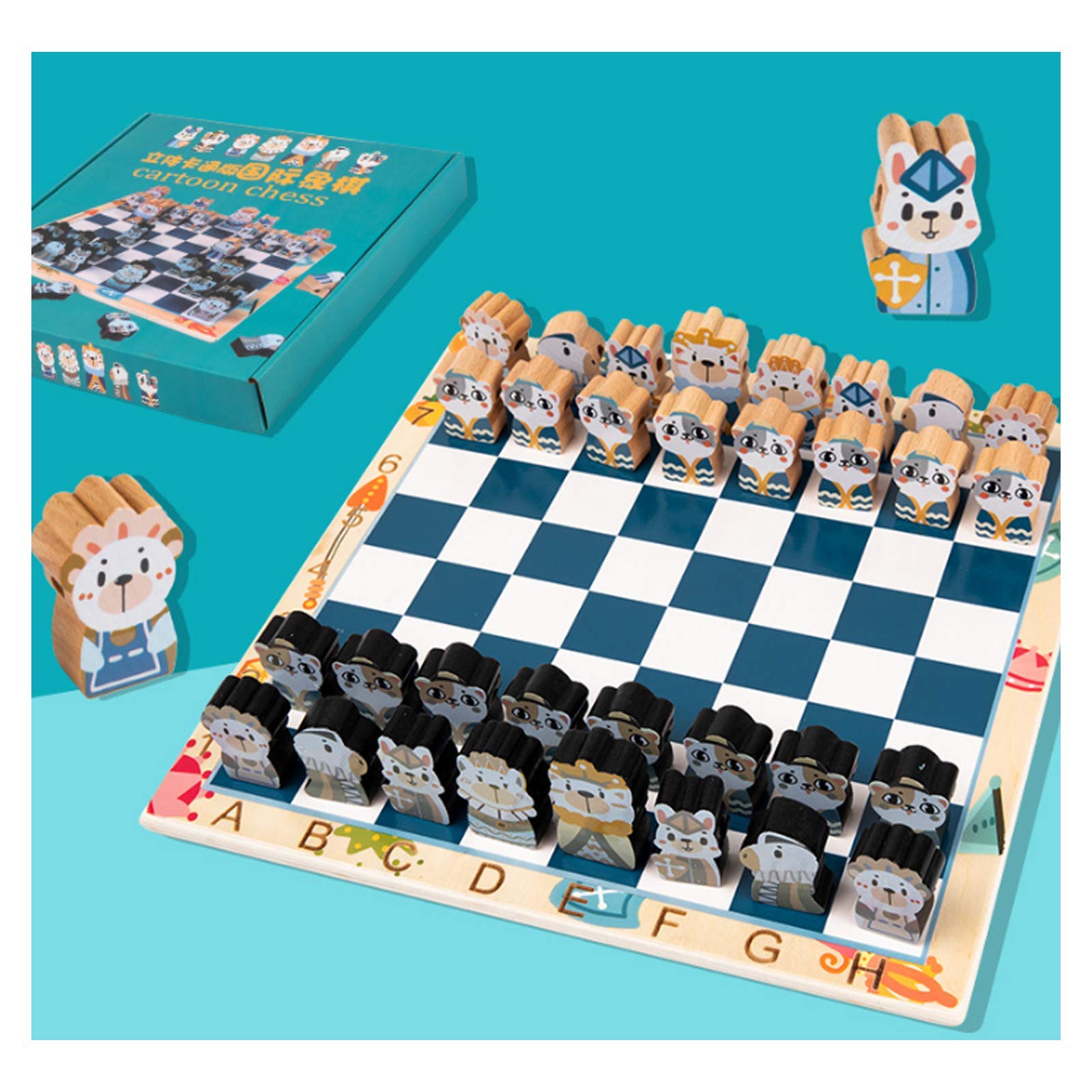 ASY 3D Cartoon Chess Set Q Version Wooden Cute Chess Board Set Travel Games Chess Rope Toy Backgammon Checkers Toys Chessmen Entertainment Game Gift for Kids Children