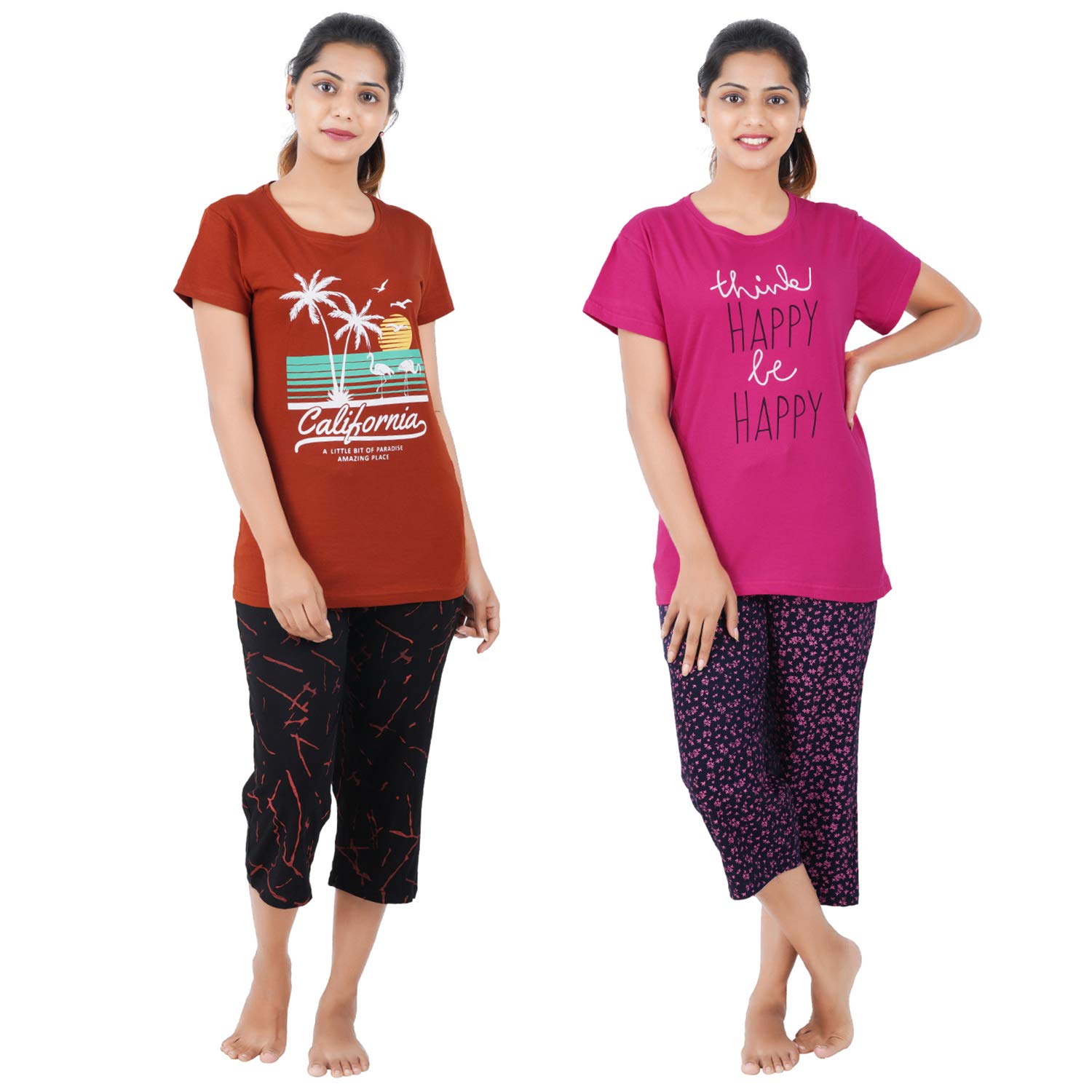 Buy That Trendz Women's Cotton Printed Top and All Over Print Capri Pyjama Set/Pajama Night Suit Set/Sleep wear Set/Loungewear Set Dreams Red Happy Rani Pink Combo Pack of 2