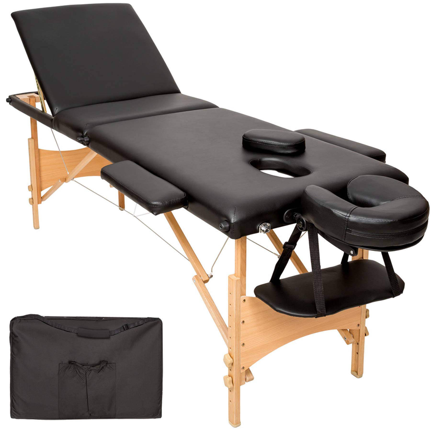 tectake® - Portable Massage Table, 3 Zones, Foldable Therapy Bed, Massage, Physiotherapy Adjustable Table Beauty Sofa, Tattoo Table with Storage Bag, Coffee Chair - Black