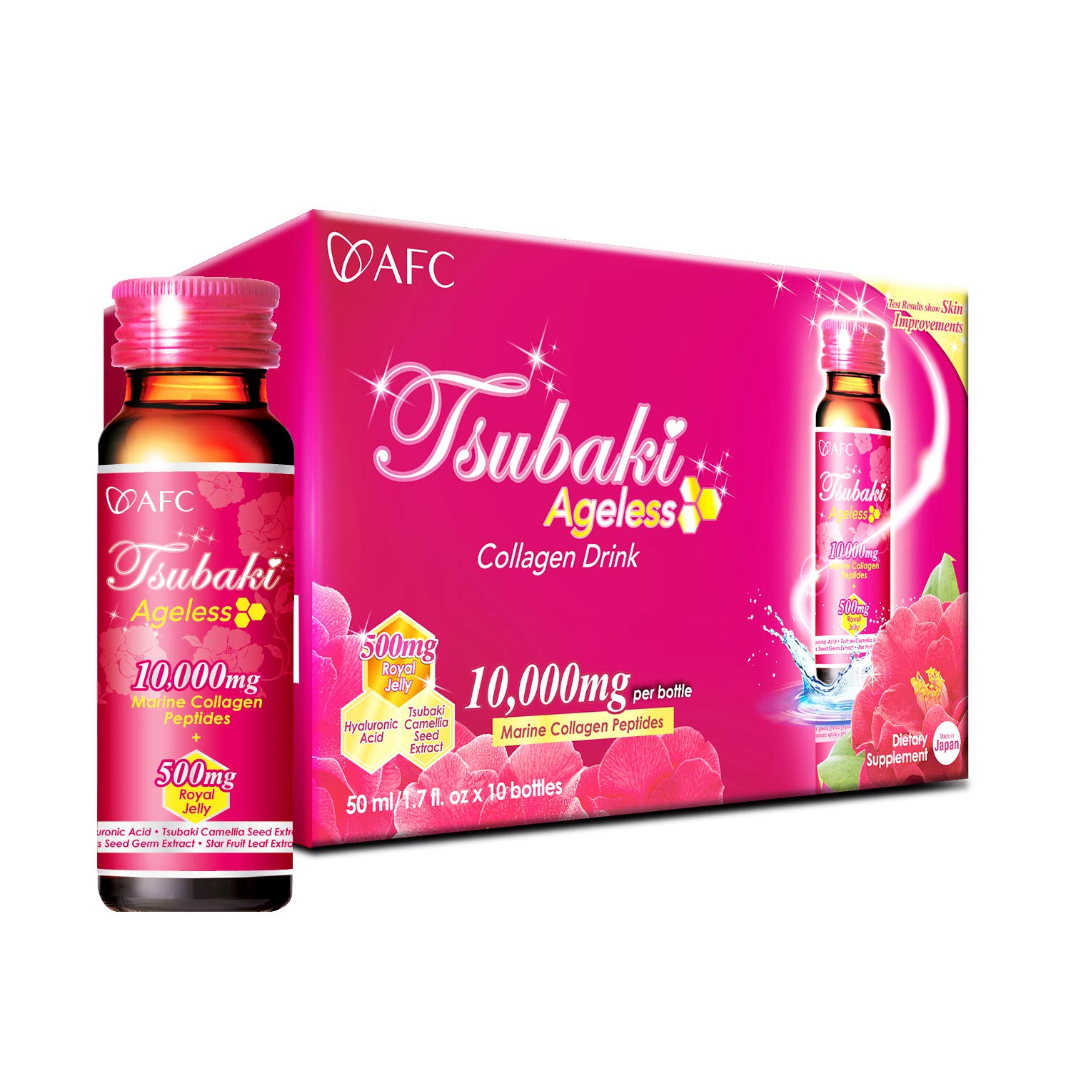 AFC Japan Tsubaki Ageless Beauty Collagen Drink from Japan with 10,000mg Marine Collagen Peptides + 500mg Royal Jelly + Hyaluronic Acid + Vitamin Bs & C for Skin Revitalization (1.69fl.ozx10 Bottles)