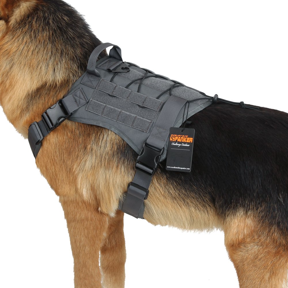 EXCELLENT ELITE SPANKER Tactical Service Dog Vest Training Hunting Molle Nylon Water-resistan Military Patrol Adjustable K9 Dog Harness with Handle L Grey DG113-Grey-L