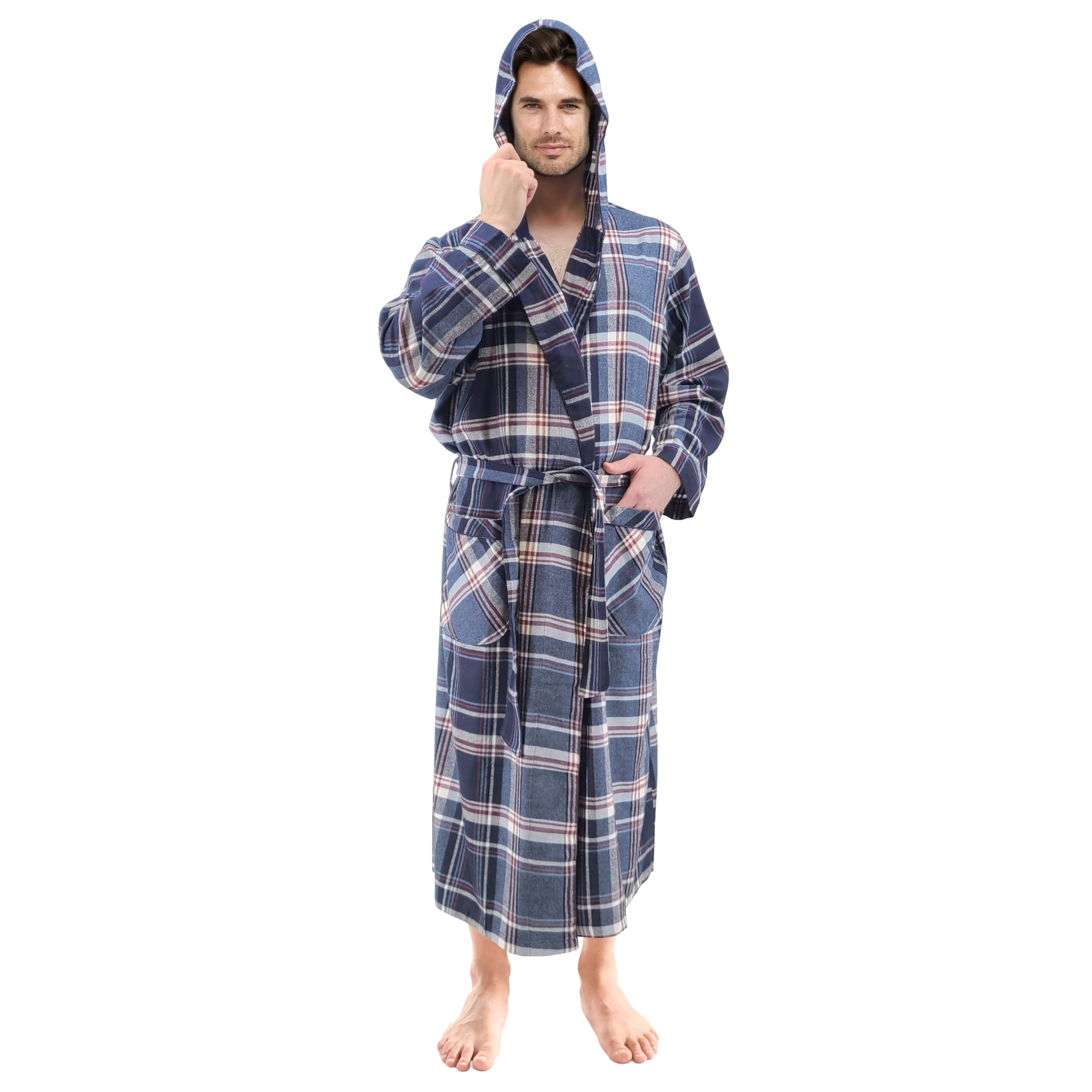 Andrew ScottMens' Robe with Hoodie| Cotton Flannel Brush Plaid | All Season | Full Length House Robe