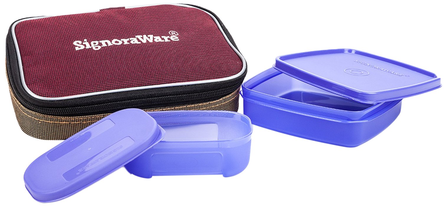 Signoraware Plastic Twin Smart Lunch Box with Bag, Deep Violet