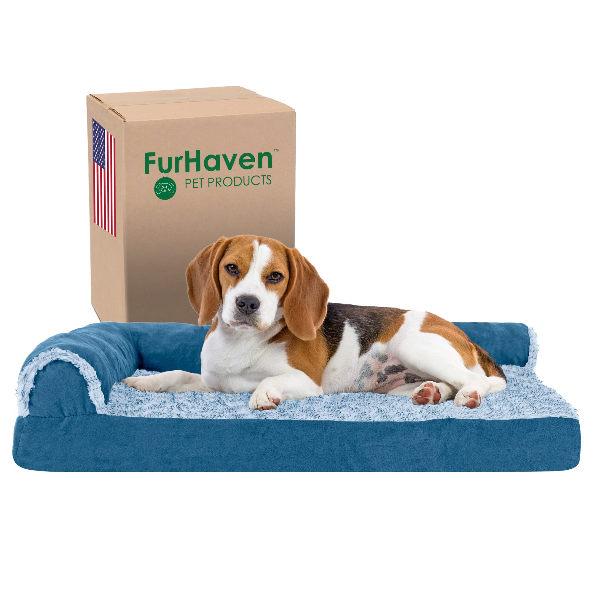 FurHavenPet Dog Bed - Deluxe Cooling Gel Memory Foam Two-Tone Plush and Suede L Shaped Chaise Lounge Living Room Corner Couch Pet Bed with Removable Cover for Dogs and Cats, Marine Blue, Medium