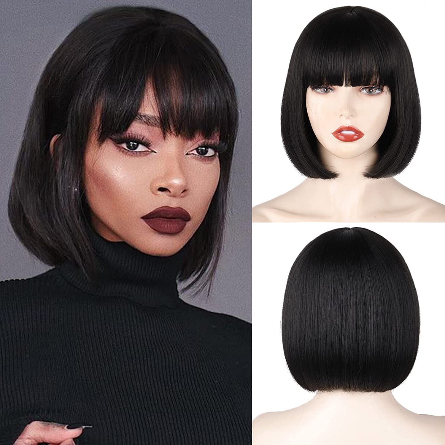 Black Short Bob Wig,Straight Black Bob Wig with bangs, 10 inch Straight Bob Bangs Wig for Women Natural Looking for Daily Use