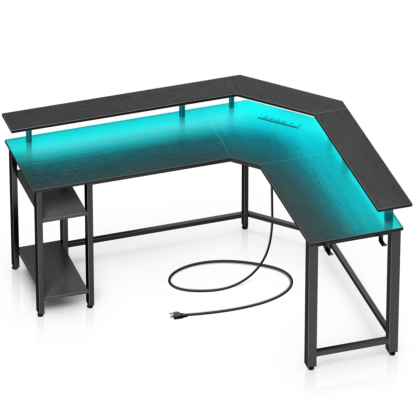 RolanstarL Shaped Gaming Desk with LED Lights & Power Outlets, 55.1" Computer Desk with Full Monitor Stand & Storage Shelf, Corner Desk with Hooks, Carbon Fiber Desk Reversible