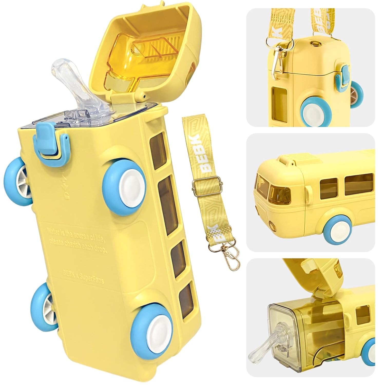 PLUSPOINT Bus Shape Water Bottle for Kids with Strap Leak-Proof Cartoon Water Bottle with Wheels (Color-Yellow)