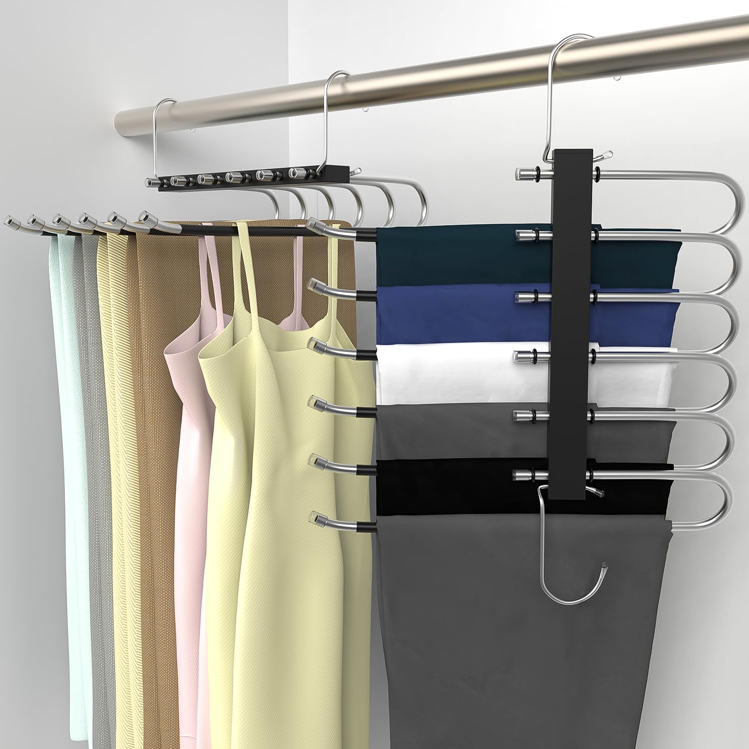 Pants Hangers 6 Layers Space Saving Hangers 2 Pack Collapsible Pants Organizer Non Slip for Pants Jeans Scarf Hanging （Black）