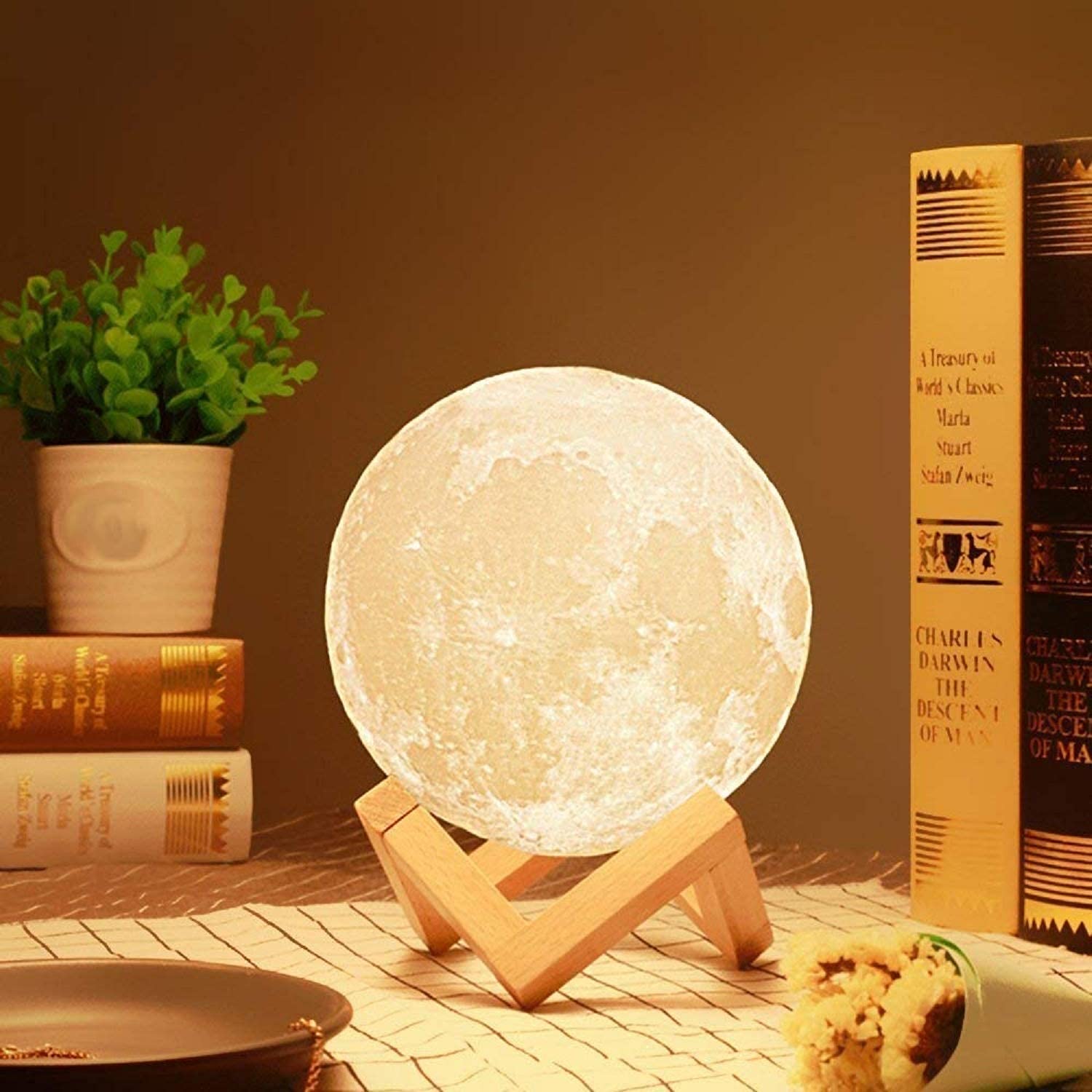 RUCON® 3D Moon lamp 7 Multi Colors Changing Touch Sensor for Adult and Kids with Wooden Stand Night Lamp for Bedroom Home Decorations Light (15cm)