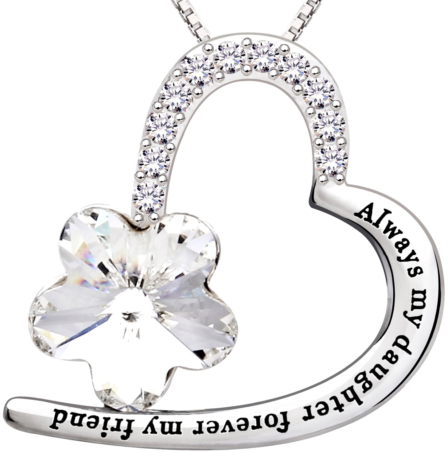 ALOV Jewelry Sterling Silver "Always my daughter forever my friend" Love Heart Crystal Cubic Zirconia Pendant Necklace