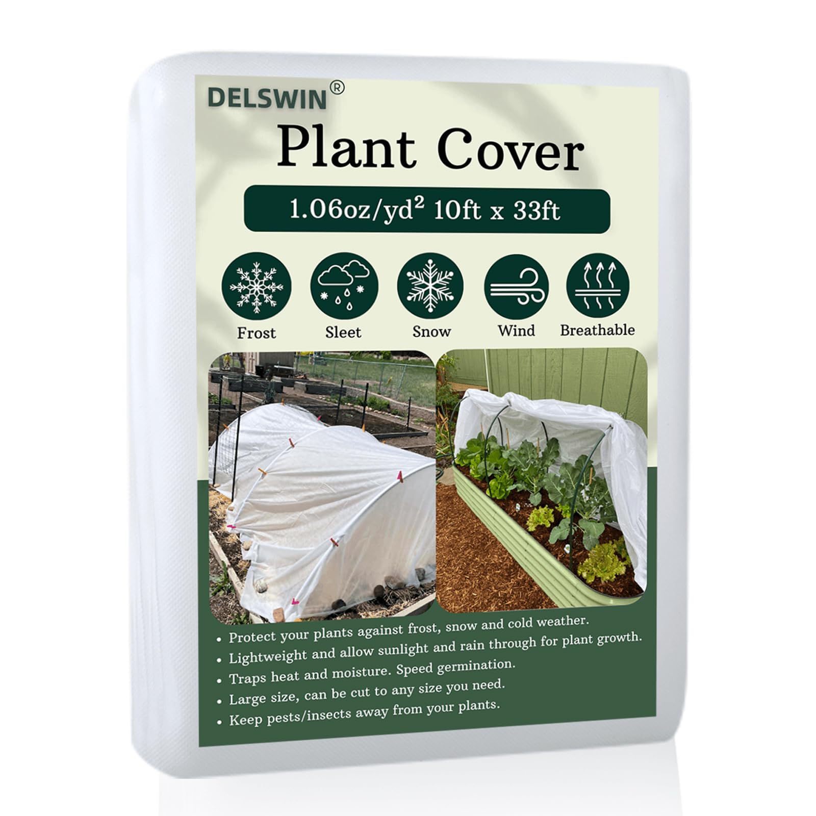 DELSWINPlant Covers Freeze Protection - 10Ft x 33Ft 1.06 oz/yd² Thicker Frost Cloths for Outdoor Plants Vegetables, Frost Blankets Plant Cover for Winter Frost Protection, Garden Row Covers