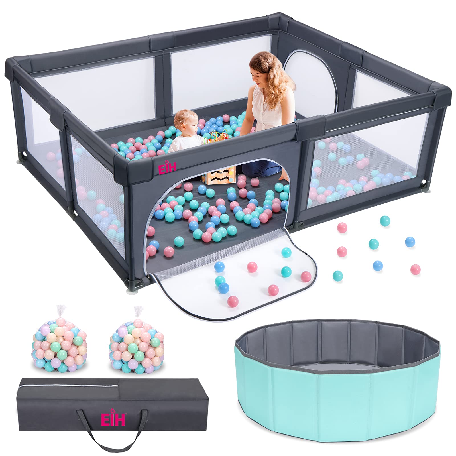 EIH Baby Playpen-Extra Large Playpen for Toddlers with Ocean Ball Pit & 100PCS Ocean Balls, Portable Playpen for Babies, Indoor & Outdoor Kids Activity Play Yard with Gate 79in x 59in（Dark Grey）