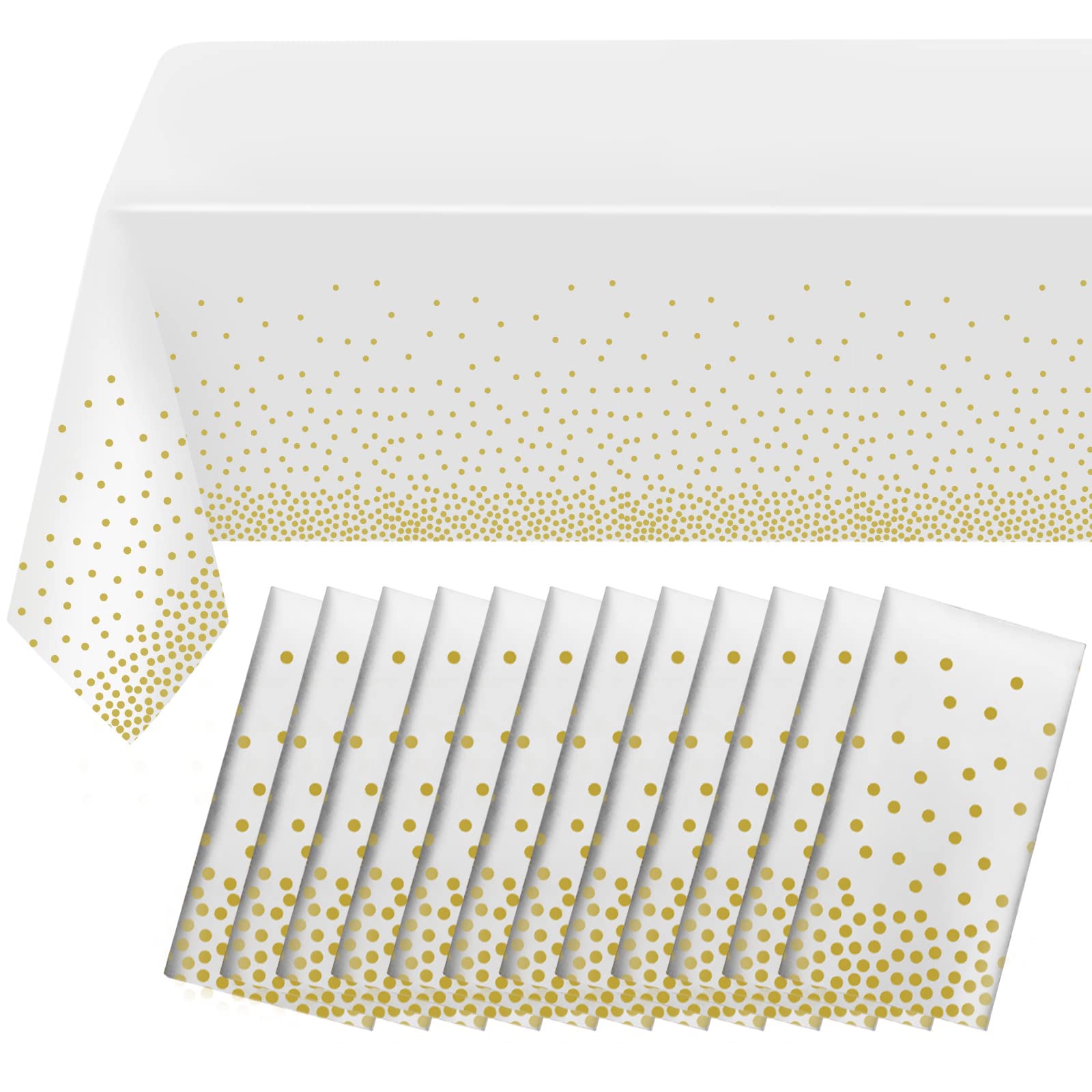 12 Pack White and Gold Dot Plastic Tablecloth, Gold Stamping Dot Confetti Rectangle Plastic Disposable Tablecloth for Birthday Wedding Baby Shower Engagement Anniversary Party Decorations, 54x108 Inch