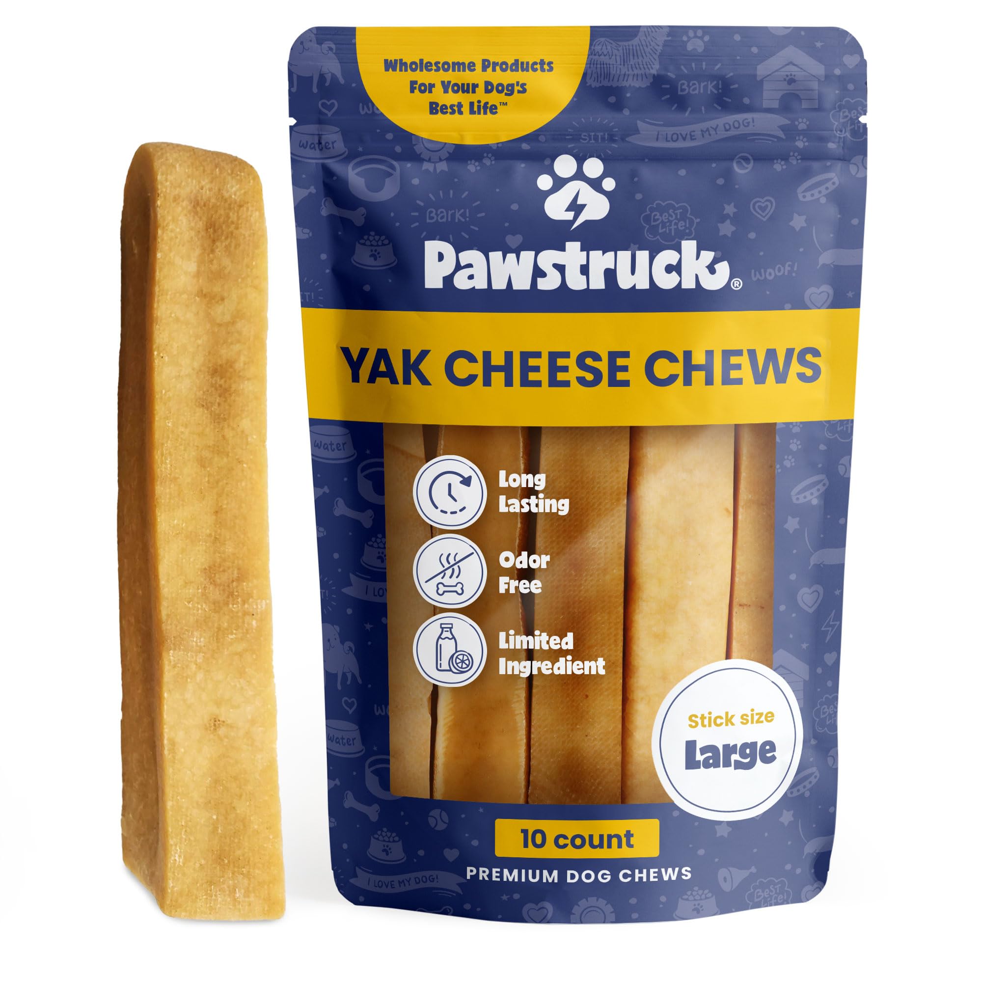 PawstruckMonster Yak Dog Chew (7 To 8 Oz.) Himalayan Yak Cow Milk/Cheese Long-Lasting Jumbo Treat For Dogs Xl Thick Chew Stick Bulk 6-7 Oz. Sticks - 10 Pack