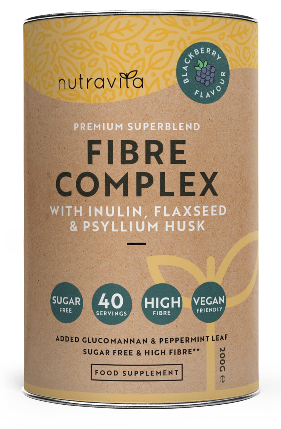 Fibre Complex Powder - BlackBerry Flavour - Premium Vegan Fibre Supplement with Inulin, Flaxseed and Psyllium Husk - High in Soluble Dietary Fibre to Support Daily Rhythm and Gut Health - Nutravita