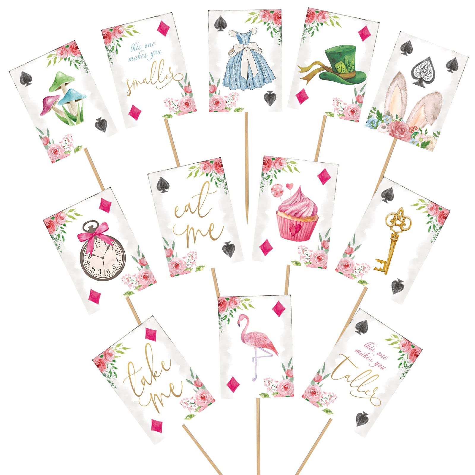 Whaline 48 Pack Alice in Wonderland Cupcake Toppers with Sticks and Glue Point 12 Designs Double-Sided Fairy Tale Themed Dessert Decorations for Wedding Birthday Party Supplies