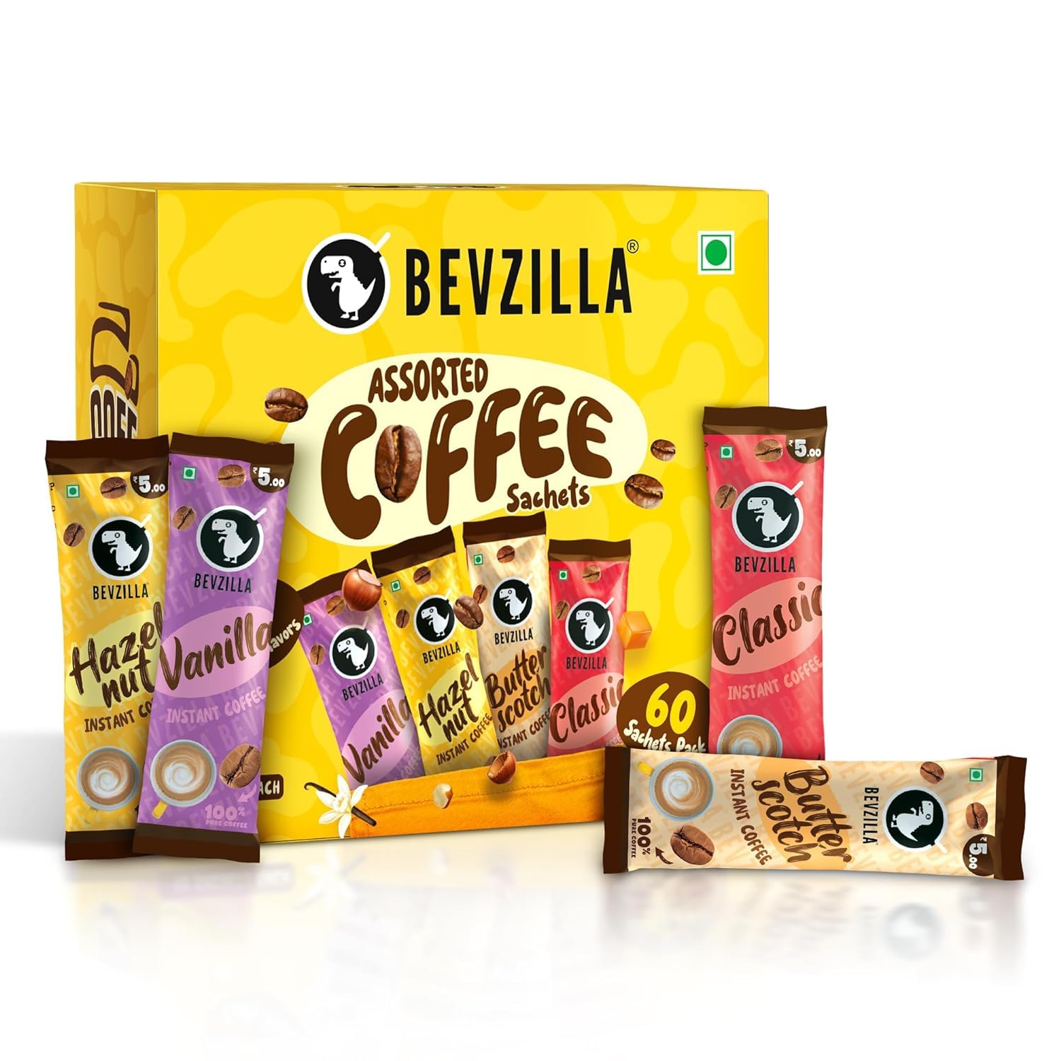 Generic Be'-vzilla 60 Instant Coffee Powder Sachets 4 Flavours -120 Grams Turkish Hazelnut, Colombian Gold, French Vanilla & English Butterscotch 15 Sachets Each Flavour Makes 60 Cups Strong Coffee.